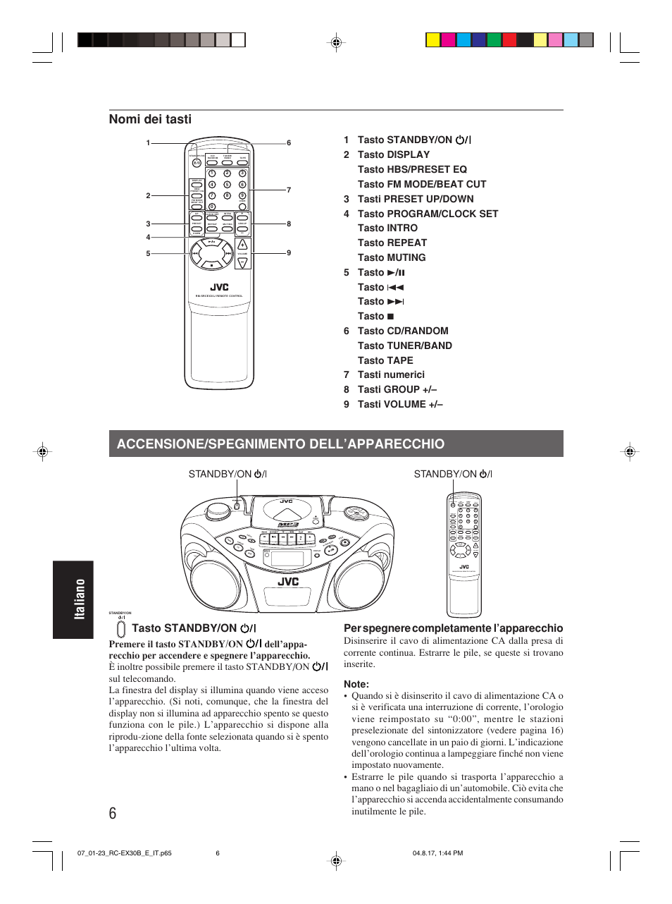 Accensione/spegnimento dell’apparecchio, Italiano accensione/spegnimento dell’apparecchio, Nomi dei tasti | Tasto standby/on, Spegnere, Completamente l’apparecchio, Program/ clock set hbs/ preset eq, Over cd/ random tuner/ band group, Standby/on | JVC RC-EX30B User Manual | Page 126 / 144