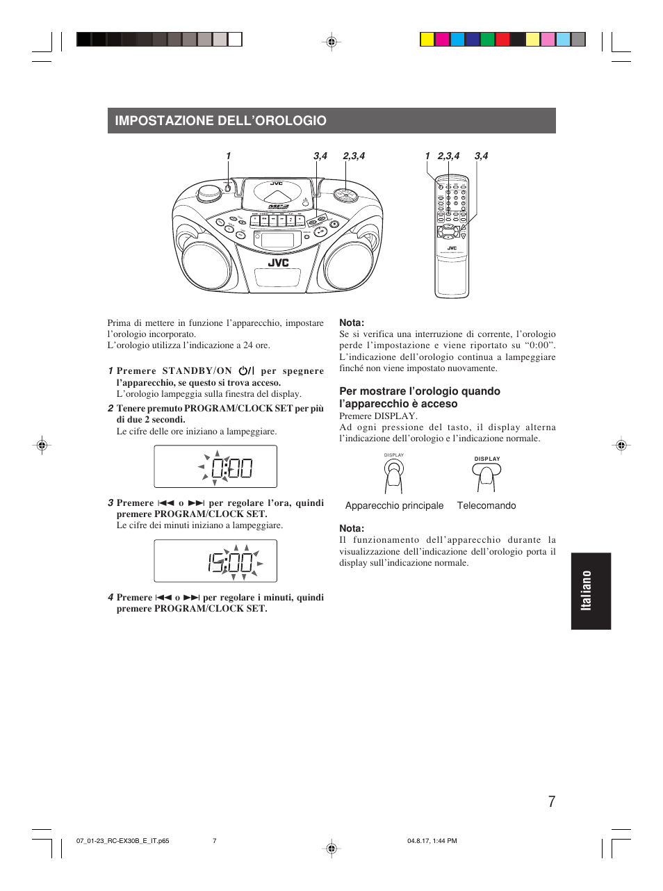 Impostazione dell’orologio, Italiano impostazione dell’orologio, Program/ clock set hbs/ preset eq | Over cd/ random tuner/ band group | JVC RC-EX30B User Manual | Page 127 / 144