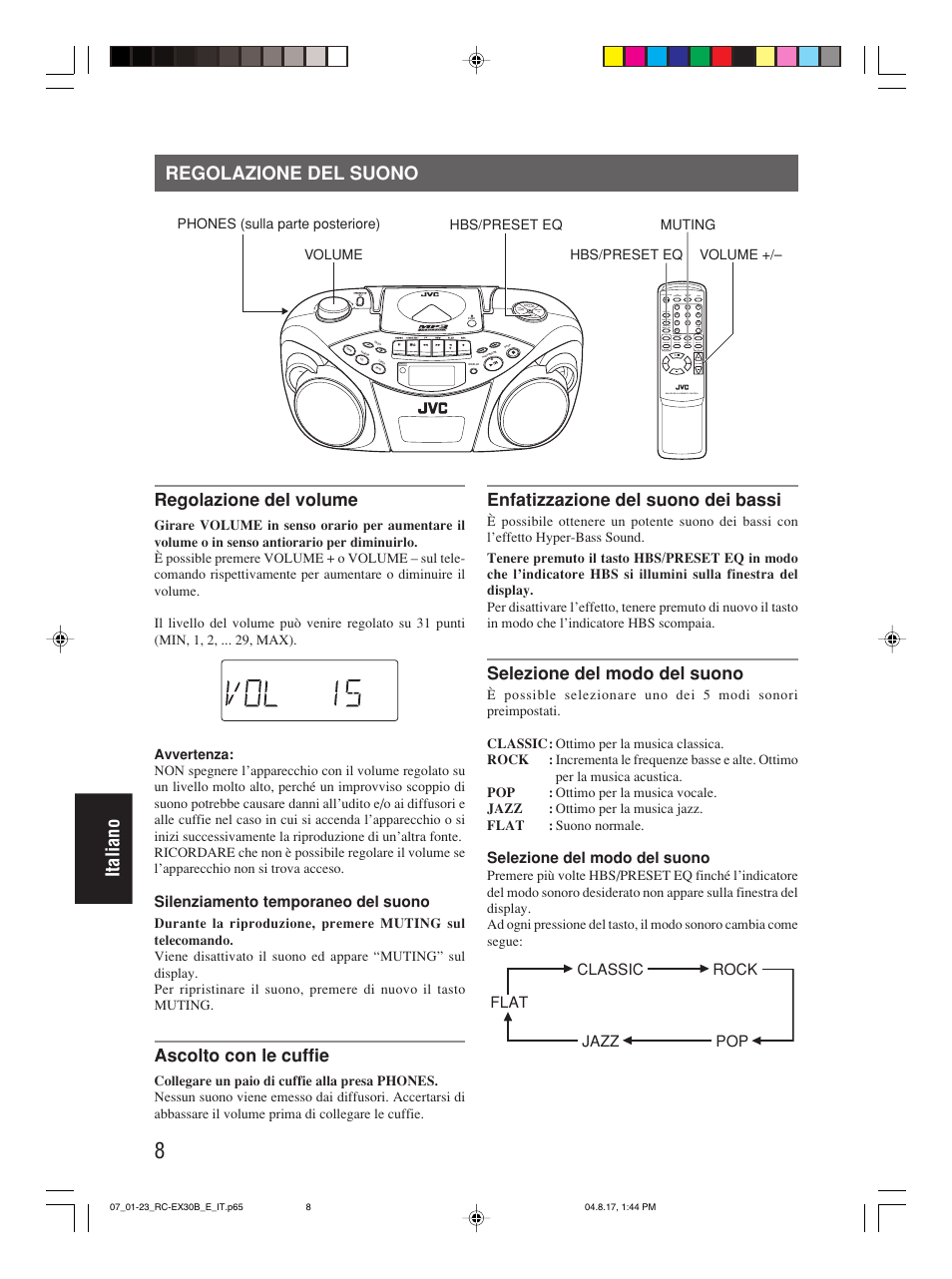 Regolazione del suono, Italiano, Regolazione del volume | Ascolto con le cuffie, Enfatizzazione del suono dei bassi, Selezione del modo del suono, Silenziamento temporaneo del suono, Pop classic rock jazz flat | JVC RC-EX30B User Manual | Page 128 / 144