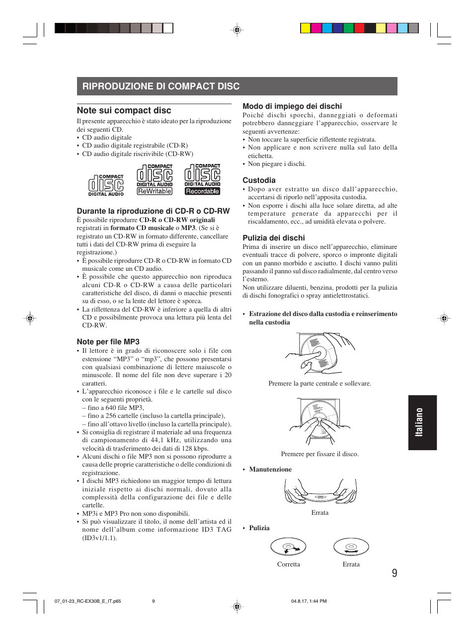 Riproduzione di compact disc, Italiano riproduzione di compact disc | JVC RC-EX30B User Manual | Page 129 / 144