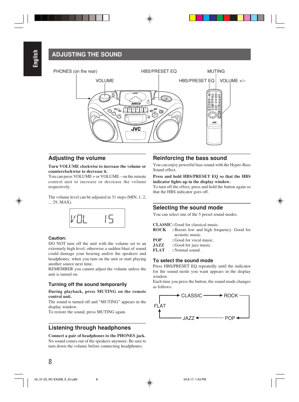 Adjusting the sound, English adjusting the sound, Adjusting the volume | Listening through headphones, Reinforcing the bass sound, Selecting the sound mode, Turning off the sound temporarily, Pop classic rock jazz flat | JVC RC-EX30B User Manual | Page 13 / 144