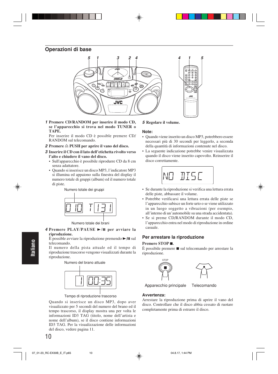 Italiano, Operazioni di base, Per arrestare la riproduzione | JVC RC-EX30B User Manual | Page 130 / 144