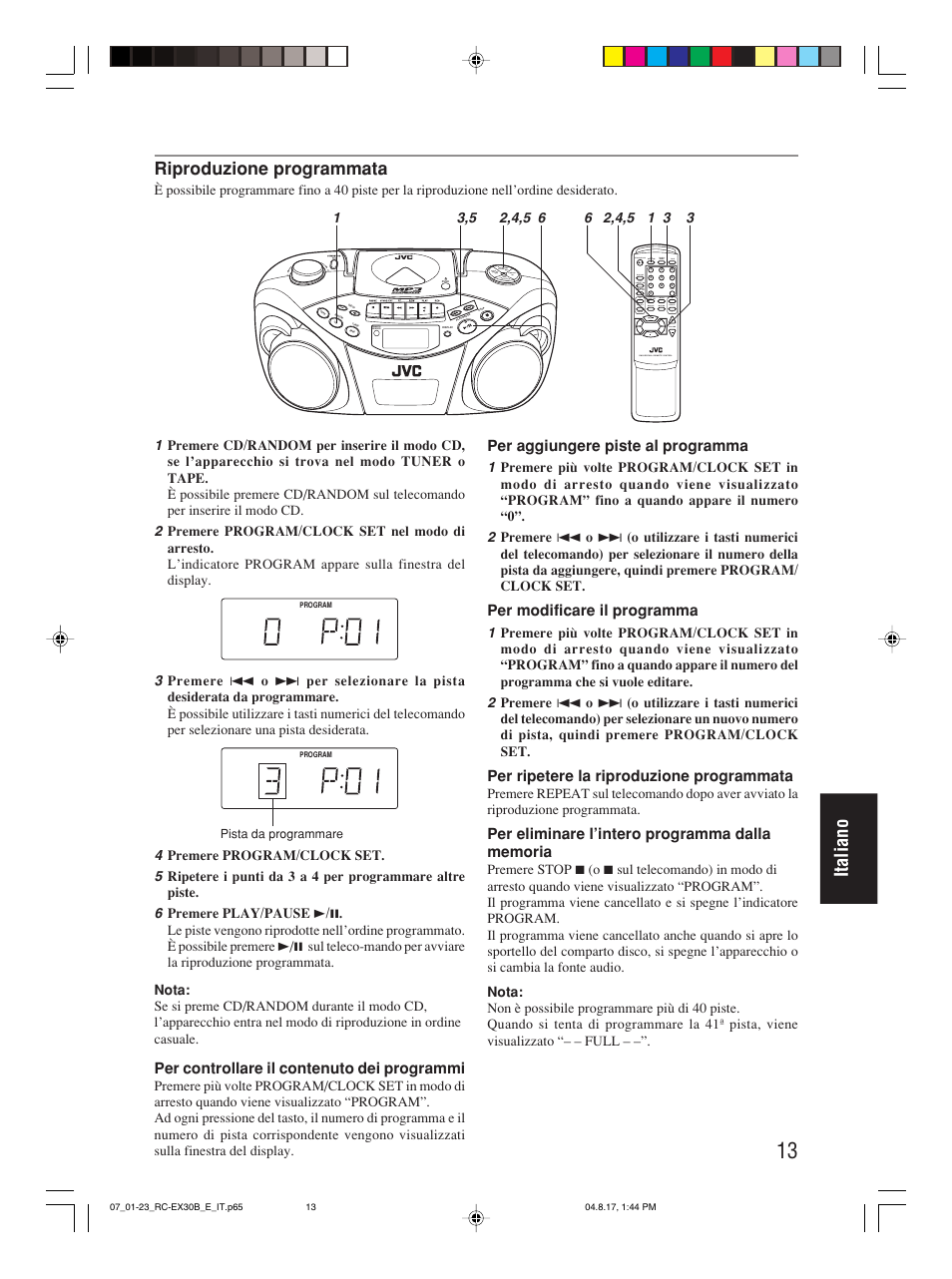 Italiano, Riproduzione programmata, Per controllare il contenuto dei programmi | Per aggiungere piste al programma, Per modificare il programma, Per ripetere la riproduzione programmata | JVC RC-EX30B User Manual | Page 133 / 144