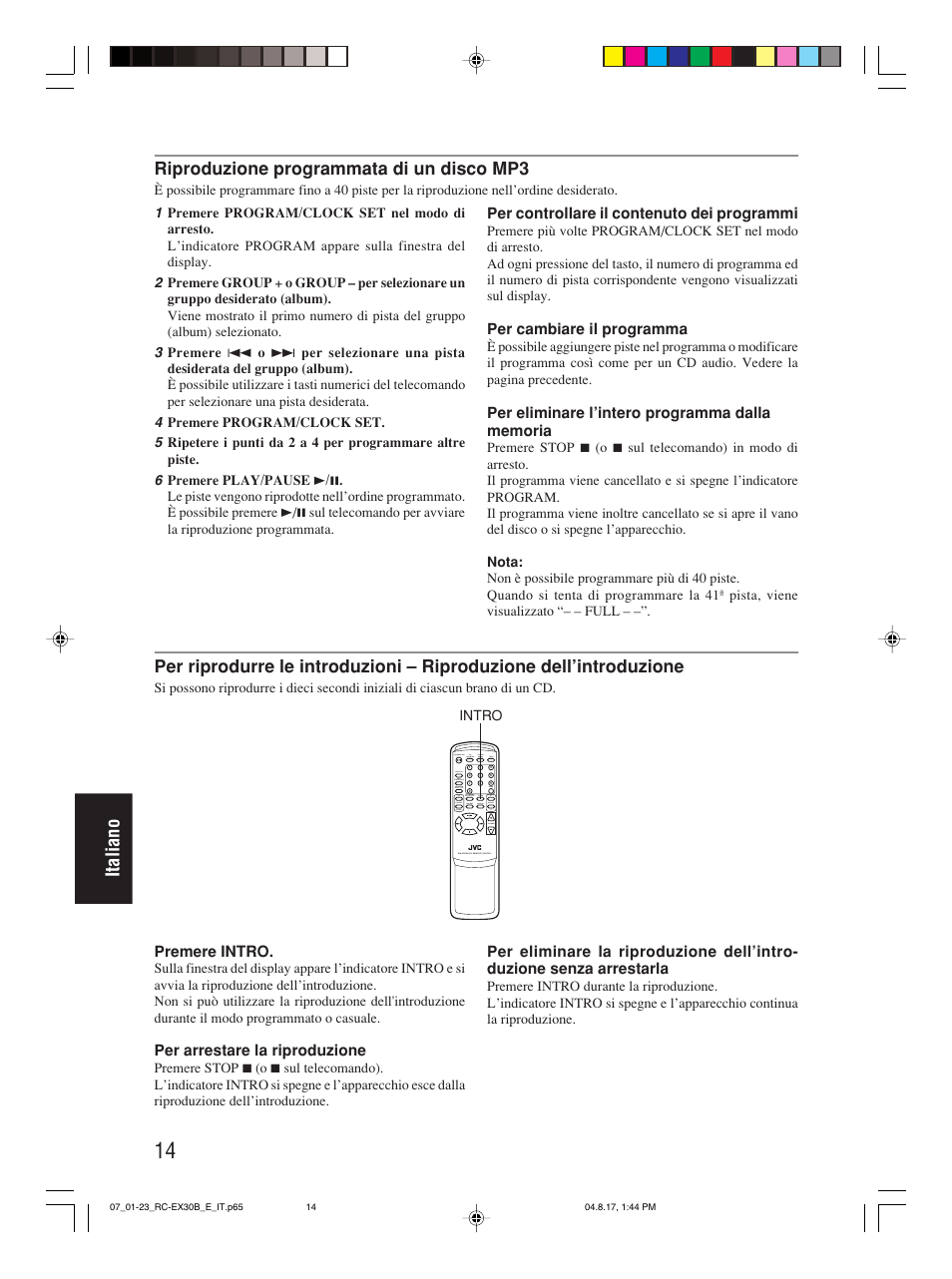 Italiano, Riproduzione programmata di un disco mp3 | JVC RC-EX30B User Manual | Page 134 / 144