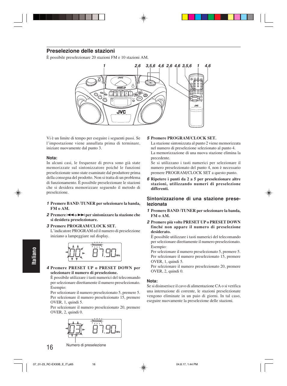 Italiano, Preselezione delle stazioni, Sintonizzazione di una stazione prese- lezionata | Program/ clock set hbs/ preset eq, Over cd/ random tuner/ band group | JVC RC-EX30B User Manual | Page 136 / 144