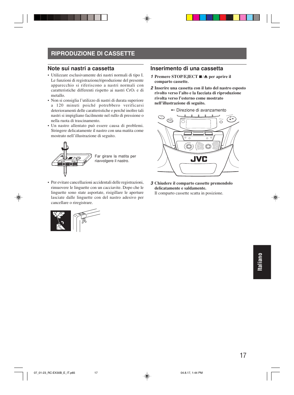 Riproduzione di cassette, Italiano riproduzione di cassette, Inserimento di una cassetta | JVC RC-EX30B User Manual | Page 137 / 144