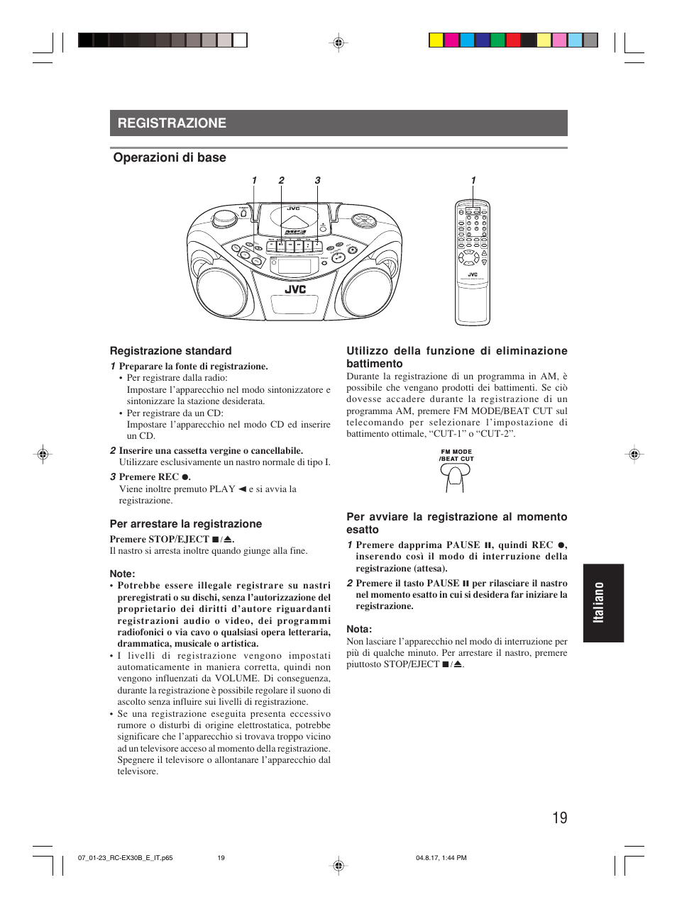 Registrazione, Italiano registrazione, Operazioni di base | Registrazione standard, Per arrestare la registrazione, Utilizzo della funzione di eliminazione battimento, Per avviare la registrazione al momento esatto | JVC RC-EX30B User Manual | Page 139 / 144