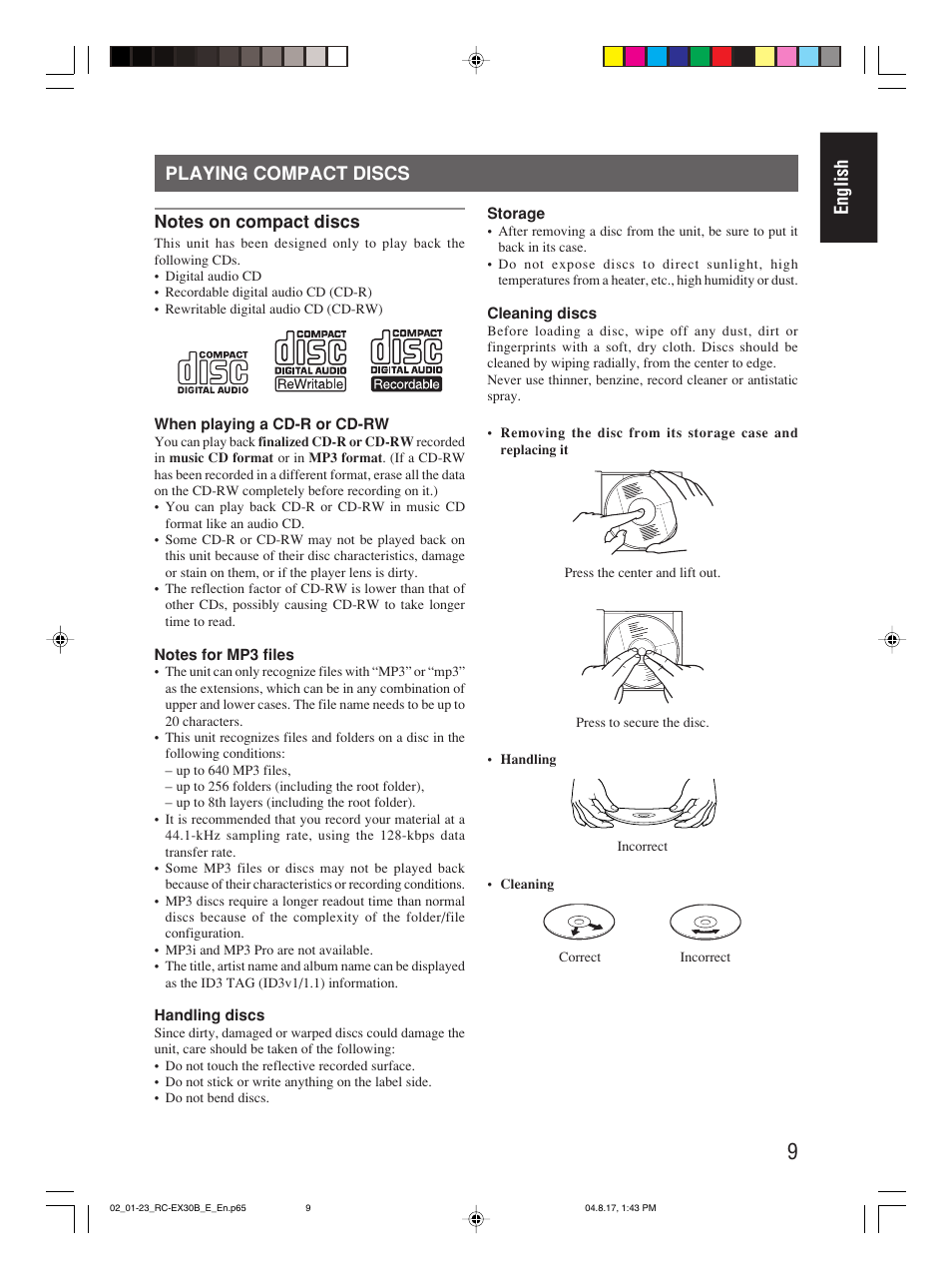 Playing compact discs, English playing compact discs | JVC RC-EX30B User Manual | Page 14 / 144