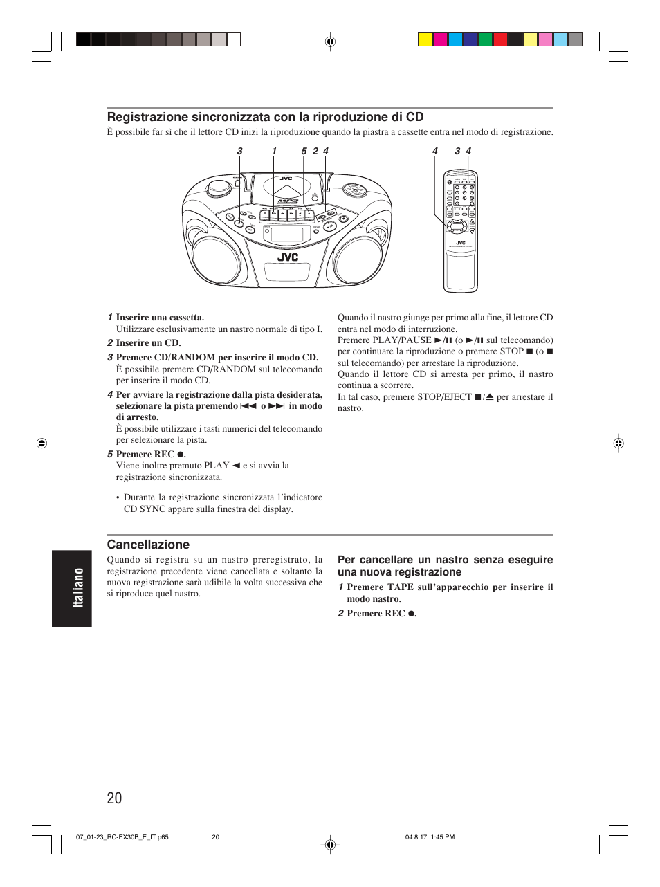 Italiano, Cancellazione | JVC RC-EX30B User Manual | Page 140 / 144