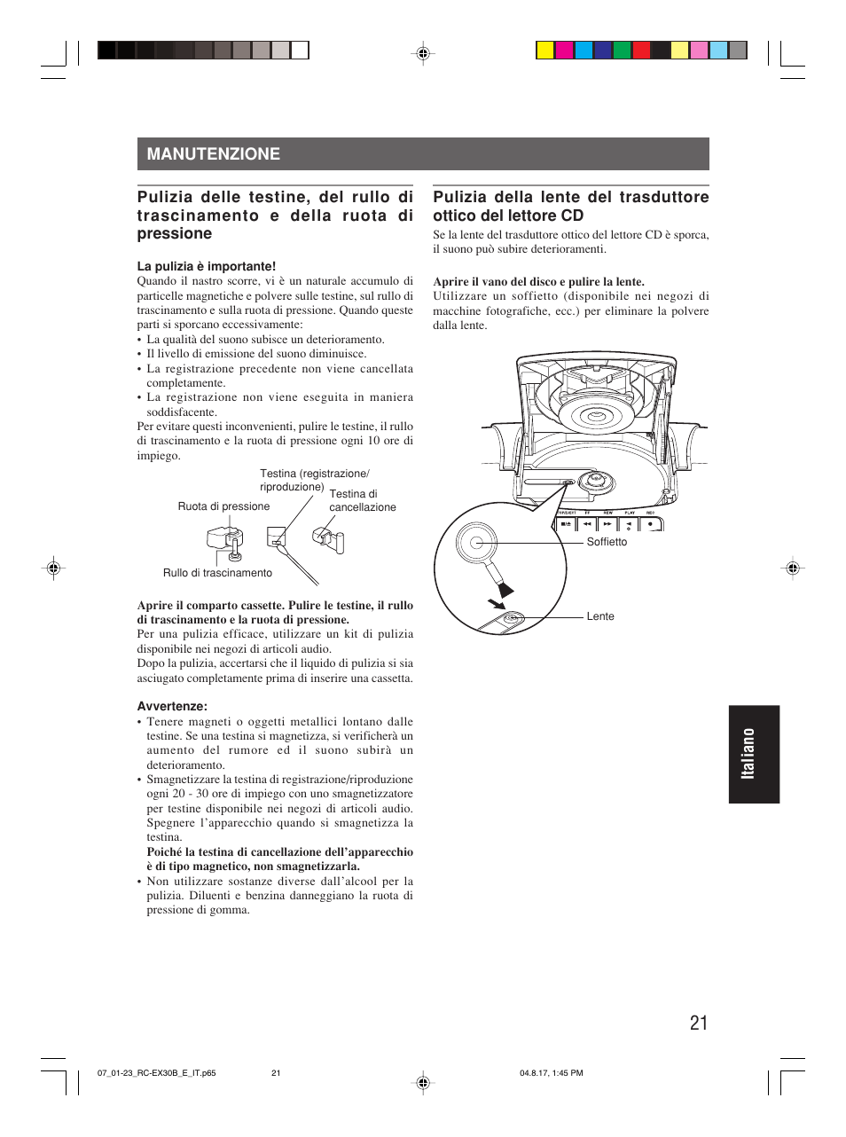 Manutenzione, Italiano | JVC RC-EX30B User Manual | Page 141 / 144