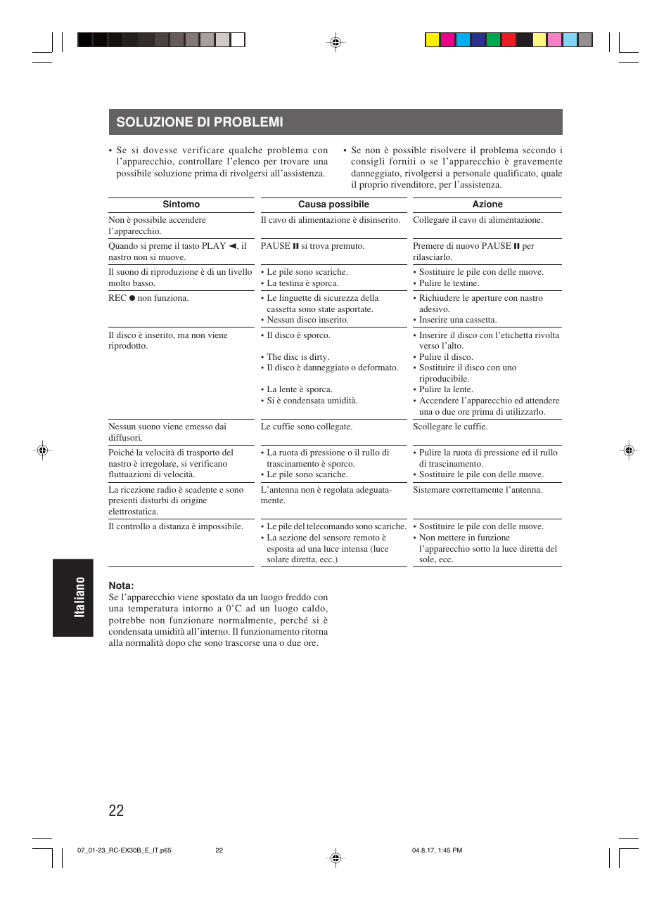 Soluzione di problemi, Italiano soluzione di problemi | JVC RC-EX30B User Manual | Page 142 / 144