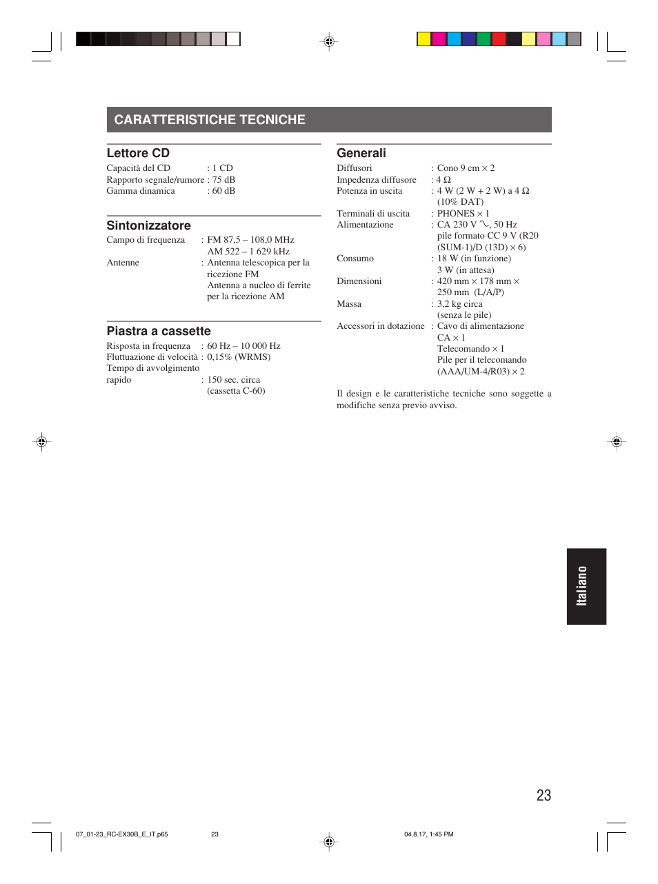 Caratteristiche tecniche, Italiano caratteristiche tecniche | JVC RC-EX30B User Manual | Page 143 / 144