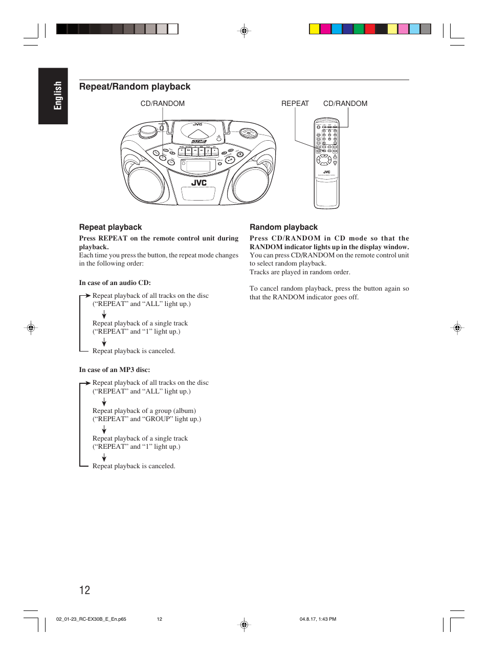 English, Repeat/random playback, Repeat playback | Random playback, Program/ clock set hbs/ preset eq, Over cd/ random tuner/ band group, Repeat cd/random cd/random | JVC RC-EX30B User Manual | Page 17 / 144