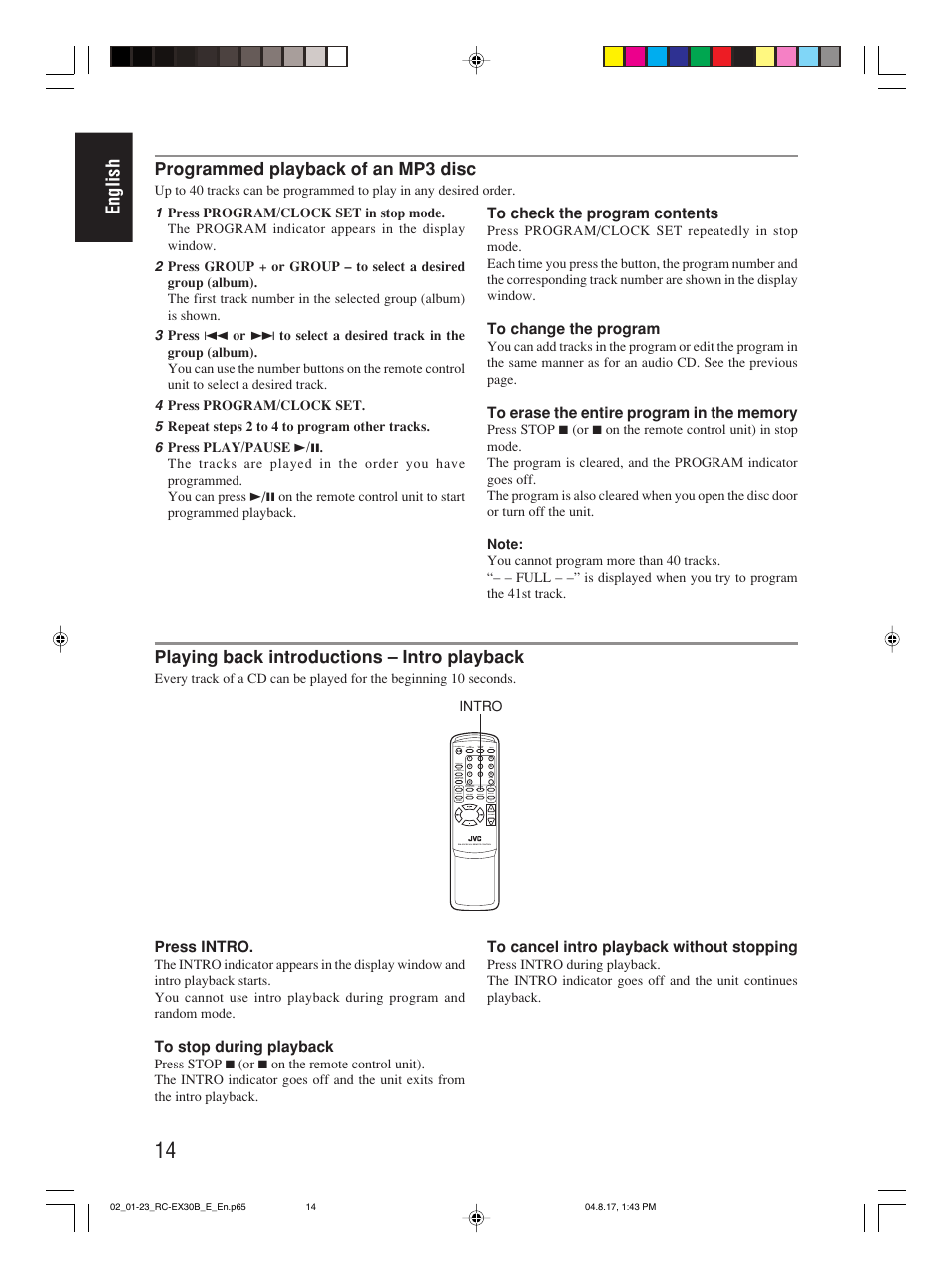 English, Playing back introductions – intro playback, Programmed playback of an mp3 disc | JVC RC-EX30B User Manual | Page 19 / 144