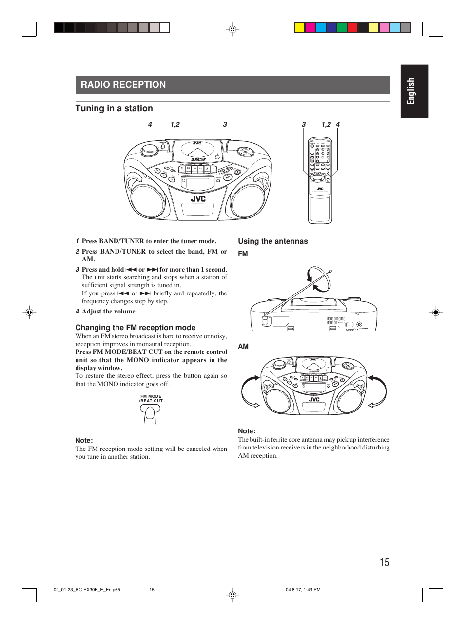 Radio reception, English radio reception, Tuning in a station | Changing the fm reception mode, Using the antennas | JVC RC-EX30B User Manual | Page 20 / 144