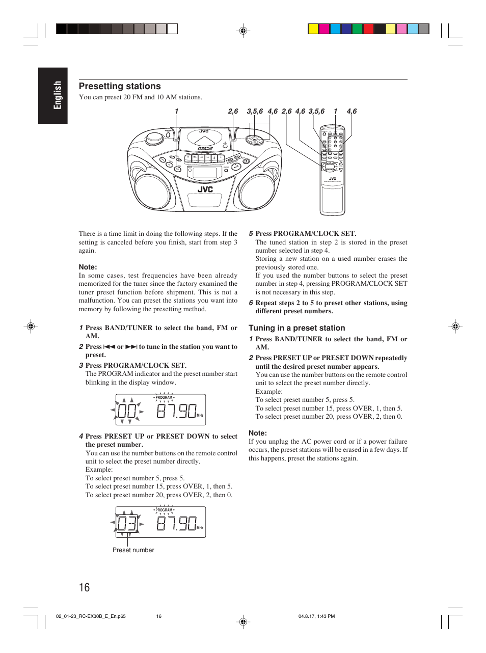 English, Presetting stations, Tuning in a preset station | You can preset 20 fm and 10 am stations, Program/ clock set hbs/ preset eq, Over cd/ random tuner/ band group | JVC RC-EX30B User Manual | Page 21 / 144