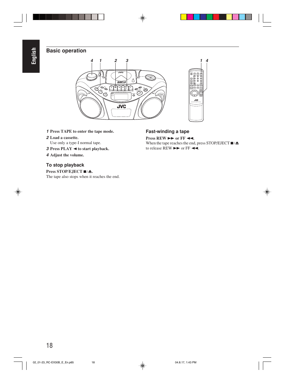 English, Basic operation, Fast-winding a tape | Program/ clock set hbs/ preset eq, Over cd/ random tuner/ band group | JVC RC-EX30B User Manual | Page 23 / 144