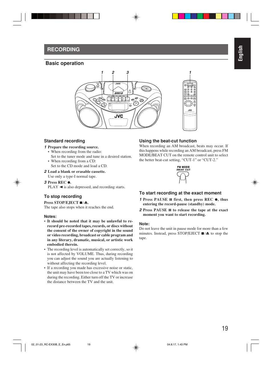 Recording, English recording, Basic operation | Standard recording, Using the beat-cut function | JVC RC-EX30B User Manual | Page 24 / 144