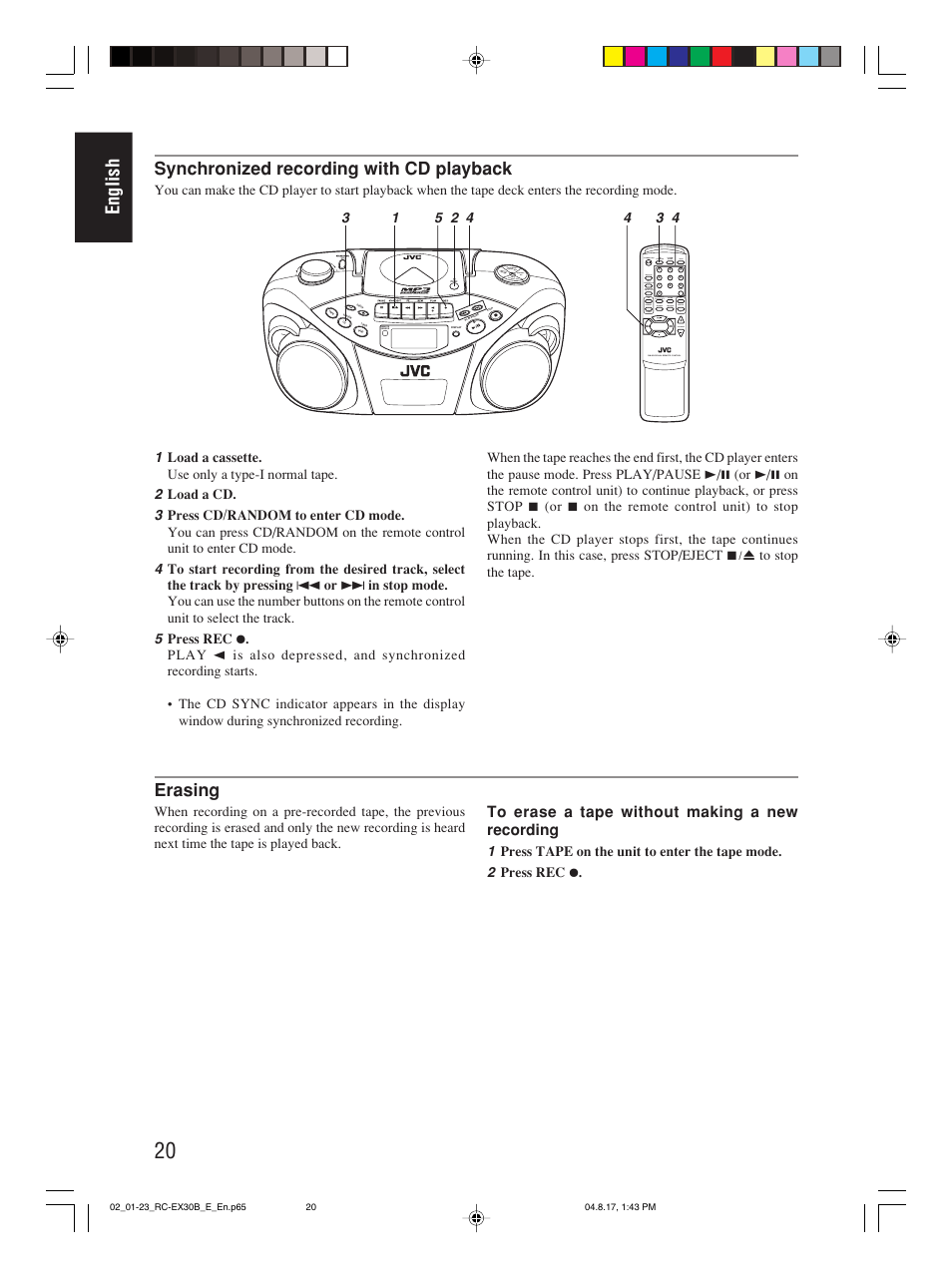 English, Synchronized recording with cd playback, Erasing | JVC RC-EX30B User Manual | Page 25 / 144