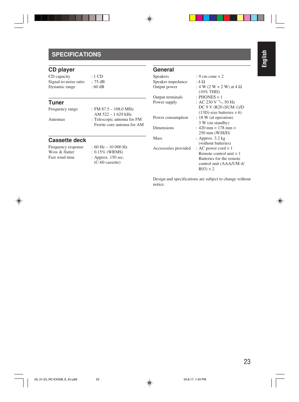 Specifications, English specifications | JVC RC-EX30B User Manual | Page 28 / 144