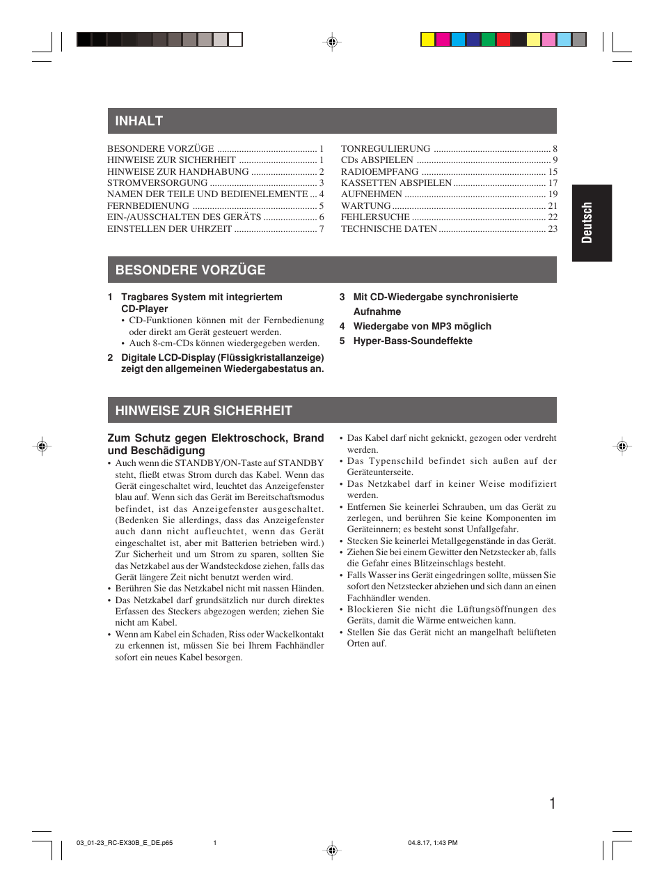 Inhalt, Besondere vorzüge, Hinweise zur sicherheit | Deutsch inhalt | JVC RC-EX30B User Manual | Page 29 / 144