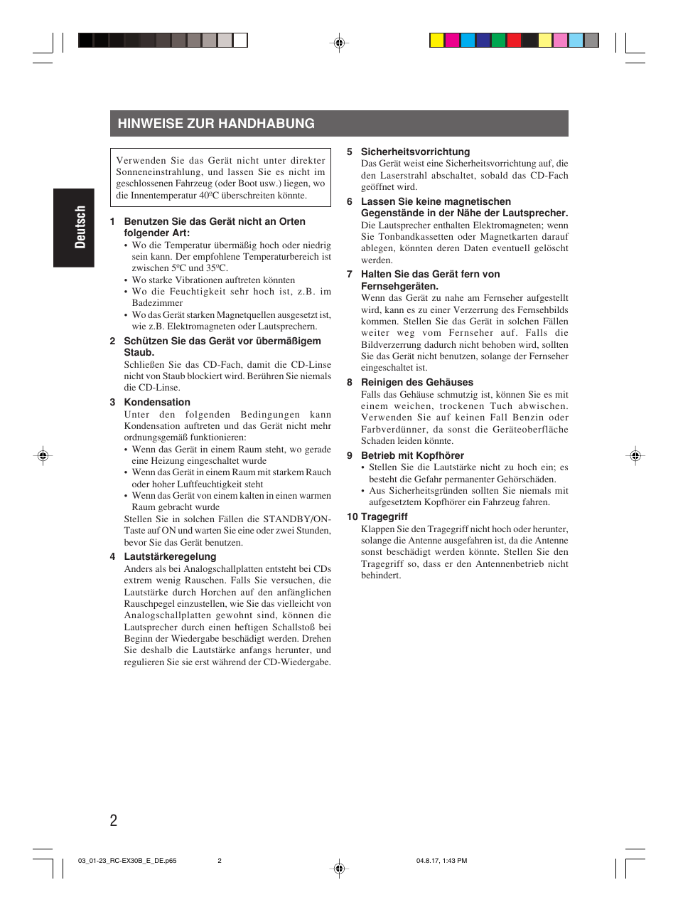 Hinweise zur handhabung, Deutsch | JVC RC-EX30B User Manual | Page 30 / 144