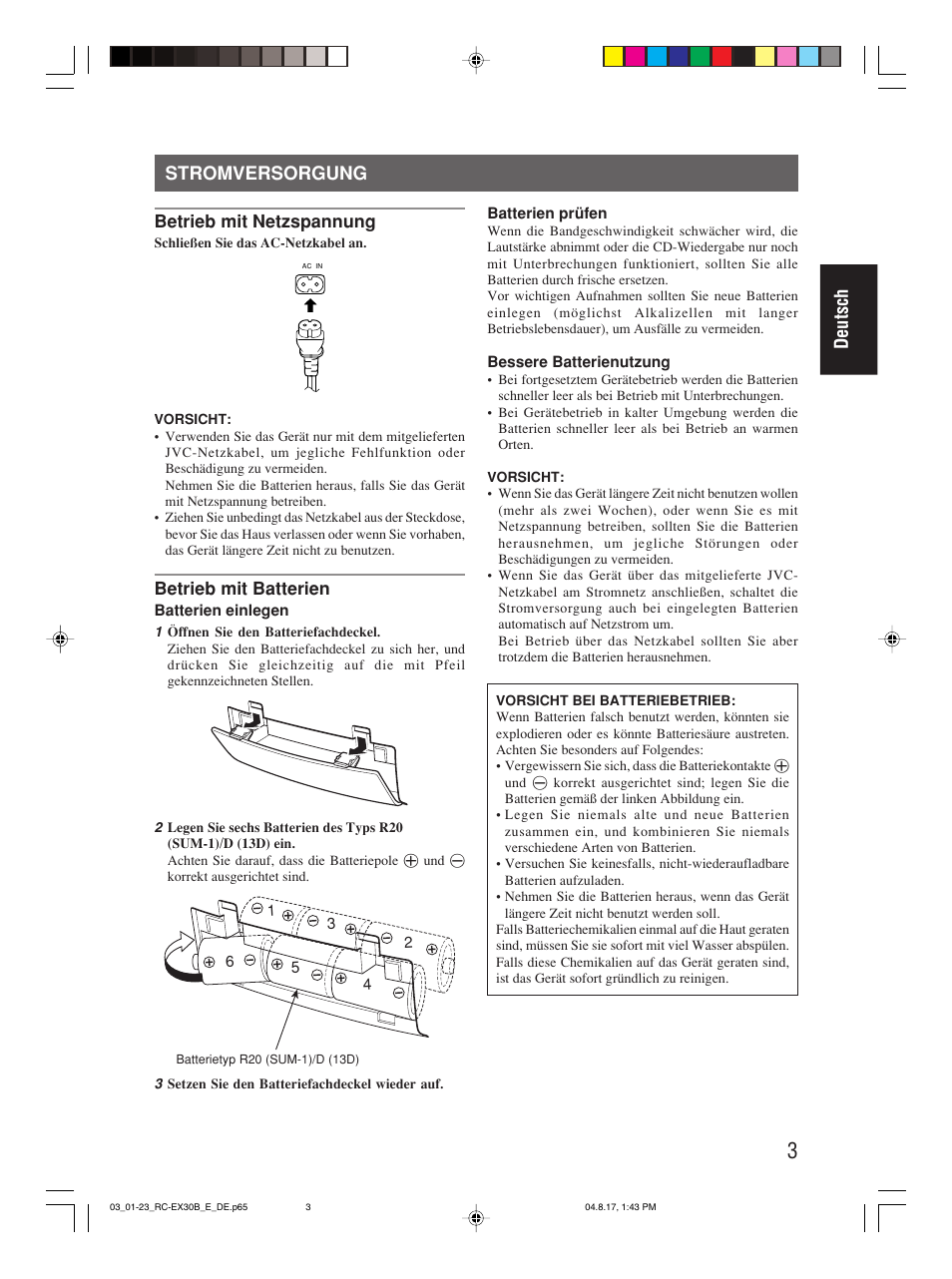 Stromversorgung, Deutsch | JVC RC-EX30B User Manual | Page 31 / 144