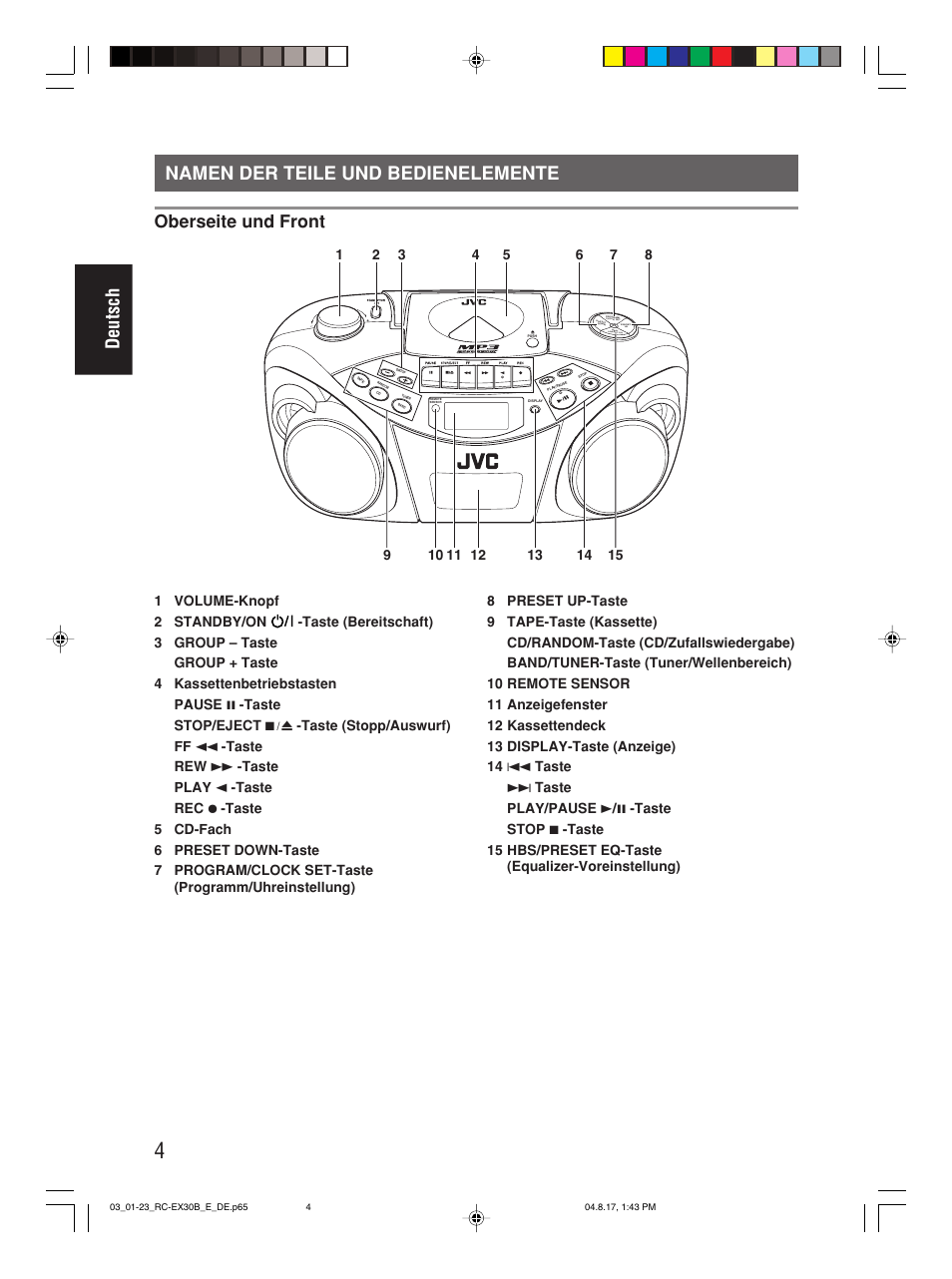 Namen der teile und bedienelemente, Deutsch namen der teile und bedienelemente, Oberseite und front | JVC RC-EX30B User Manual | Page 32 / 144