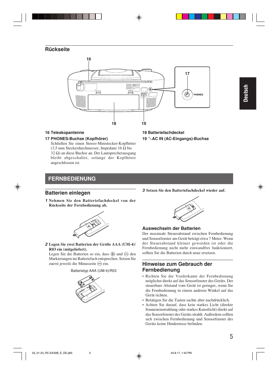 Fernbedienung, Deutsch | JVC RC-EX30B User Manual | Page 33 / 144