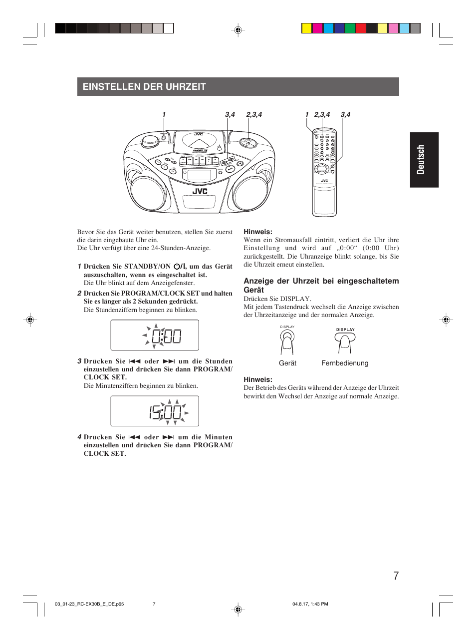 Einstellen der uhrzeit, Deutsch einstellen der uhrzeit, Anzeige der uhrzeit bei eingeschaltetem gerät | Program/ clock set hbs/ preset eq, Over cd/ random tuner/ band group | JVC RC-EX30B User Manual | Page 35 / 144