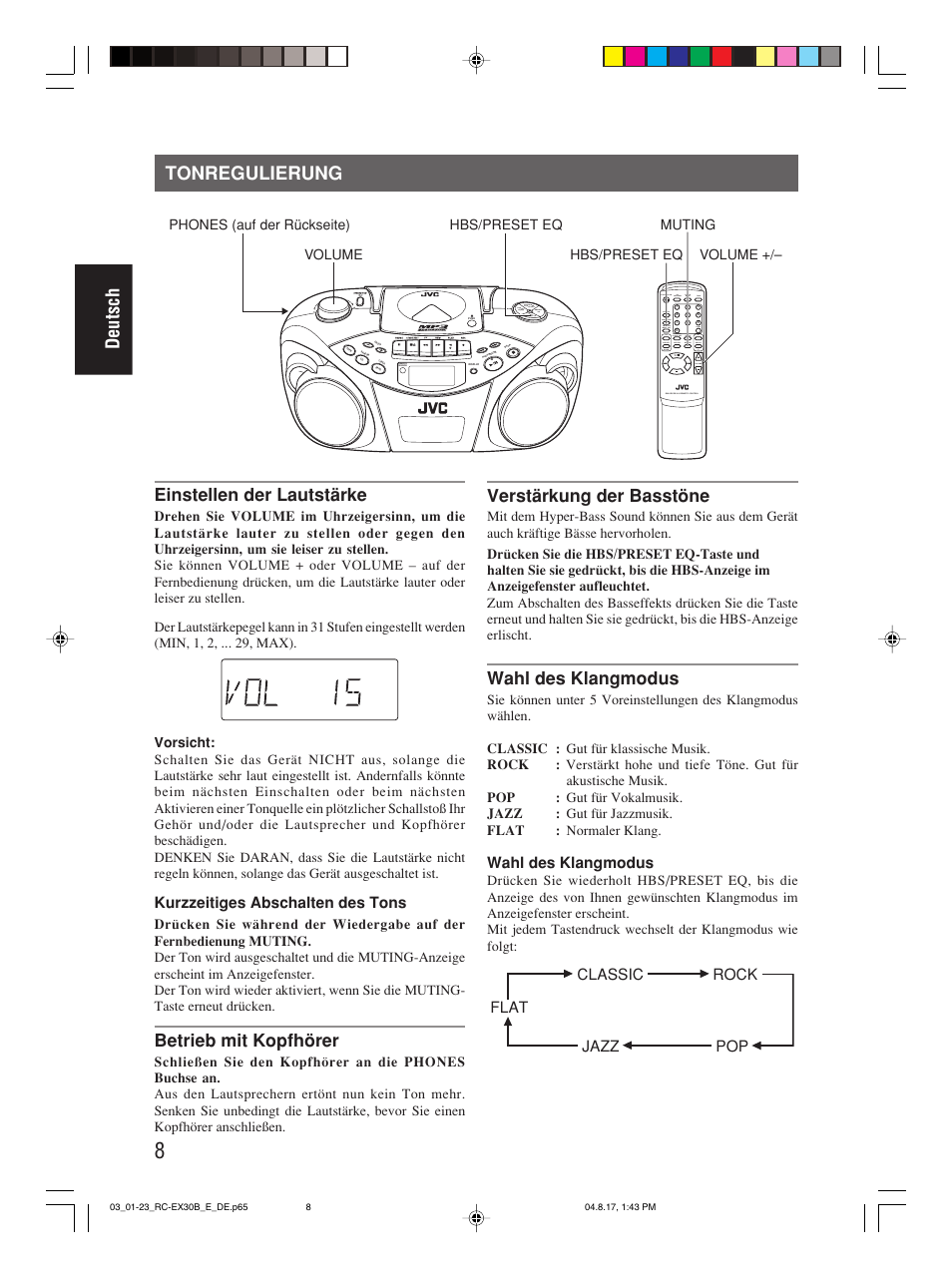 Tonregulierung, Deutsch tonregulierung, Einstellen der lautstärke | Betrieb mit kopfhörer, Verstärkung der basstöne, Wahl des klangmodus, Kurzzeitiges abschalten des tons, Pop classic rock jazz flat | JVC RC-EX30B User Manual | Page 36 / 144