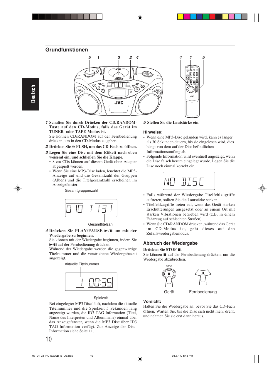 Deutsch, Grundfunktionen, Abbruch der wiedergabe | JVC RC-EX30B User Manual | Page 38 / 144