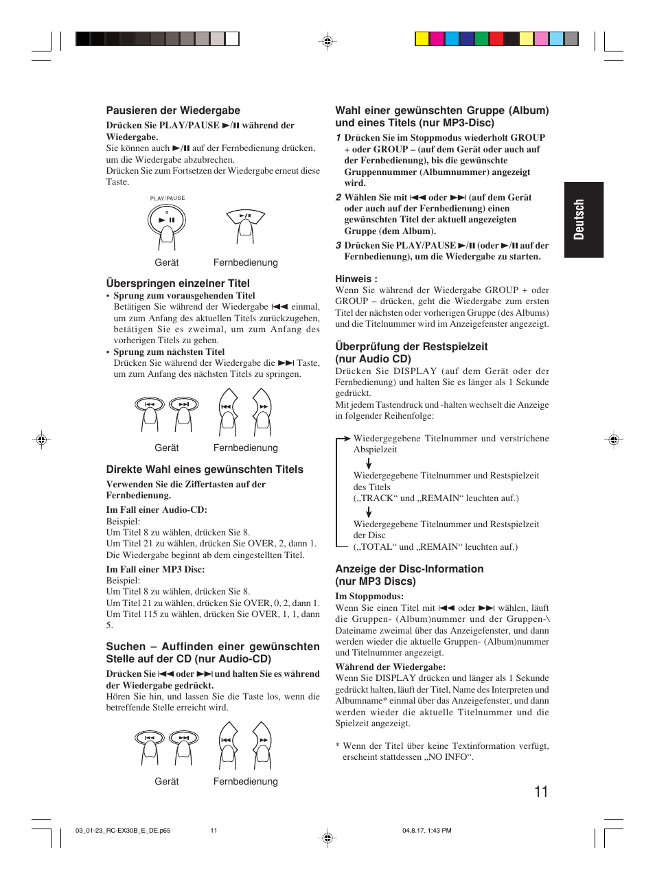 Deutsch | JVC RC-EX30B User Manual | Page 39 / 144