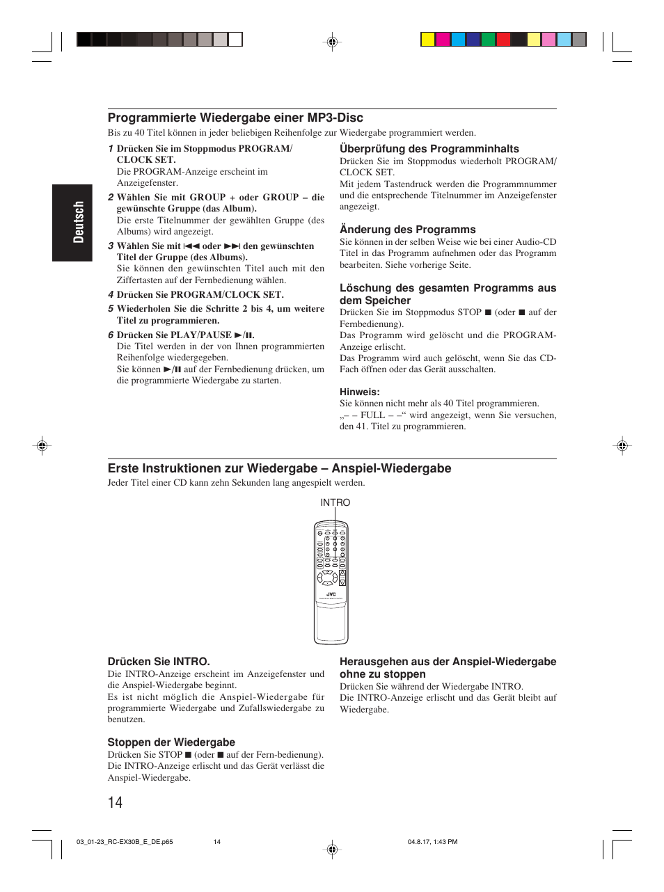 Deutsch, Programmierte wiedergabe einer mp3-disc | JVC RC-EX30B User Manual | Page 42 / 144