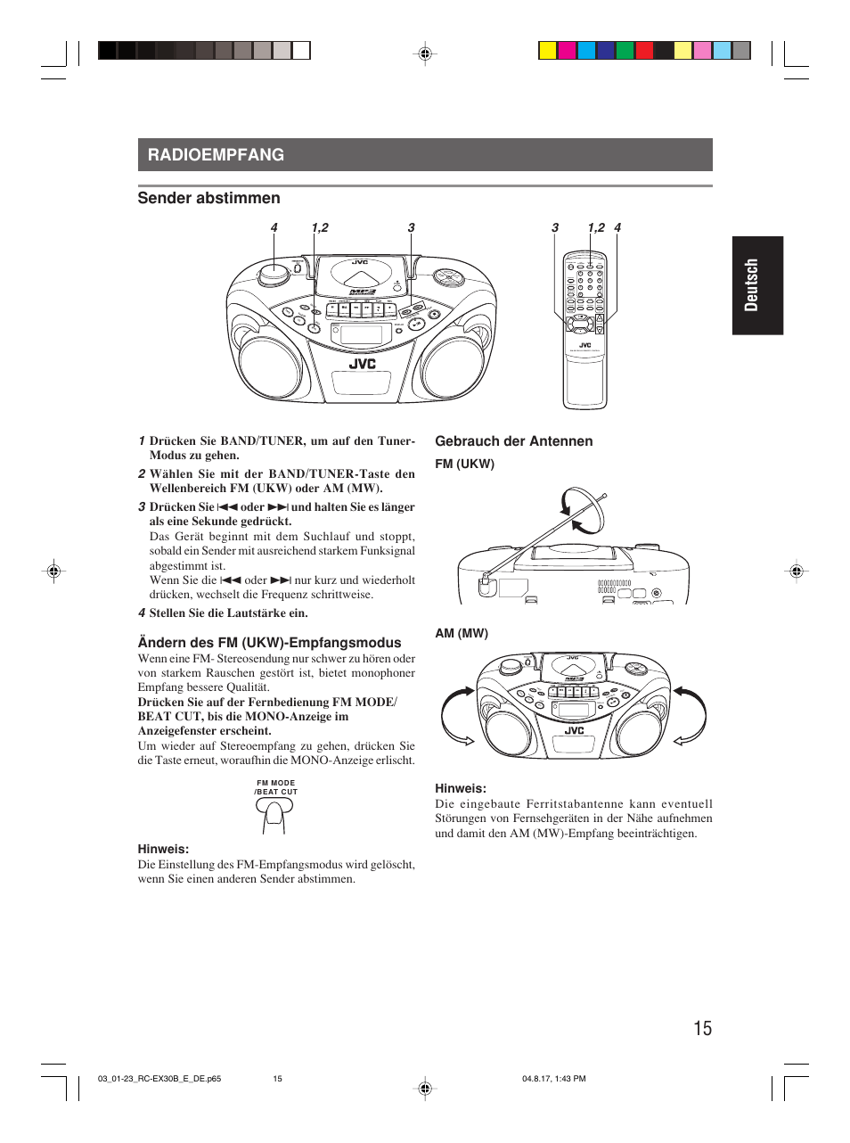 Radioempfang, Deutsch radioempfang, Sender abstimmen | Ändern des fm (ukw)-empfangsmodus, Gebrauch der antennen | JVC RC-EX30B User Manual | Page 43 / 144