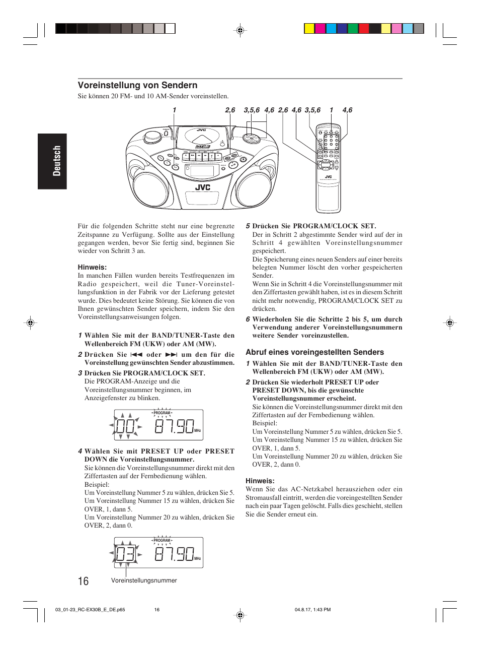 Deutsch, Voreinstellung von sendern, Abruf eines voreingestellten senders | Sie können 20 fm- und 10 am-sender voreinstellen, Program/ clock set hbs/ preset eq, Over cd/ random tuner/ band group | JVC RC-EX30B User Manual | Page 44 / 144