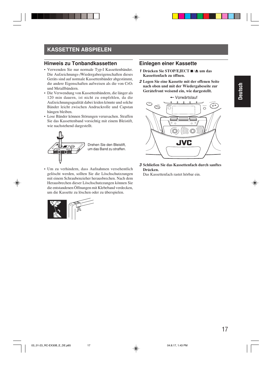 Kassetten abspielen, Deutsch kassetten abspielen, Hinweis zu tonbandkassetten | Einlegen einer kassette | JVC RC-EX30B User Manual | Page 45 / 144