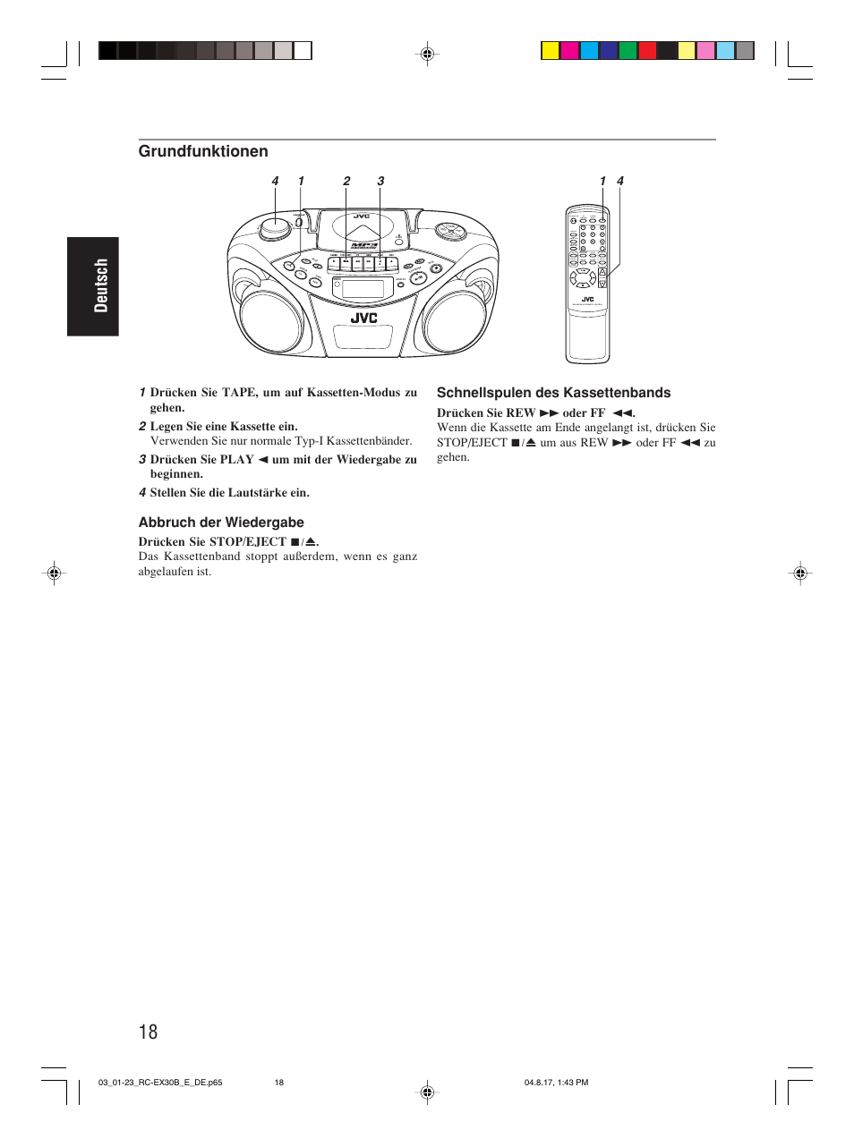 Deutsch, Grundfunktionen, Abbruch der wiedergabe | Schnellspulen des kassettenbands, Program/ clock set hbs/ preset eq, Over cd/ random tuner/ band group | JVC RC-EX30B User Manual | Page 46 / 144