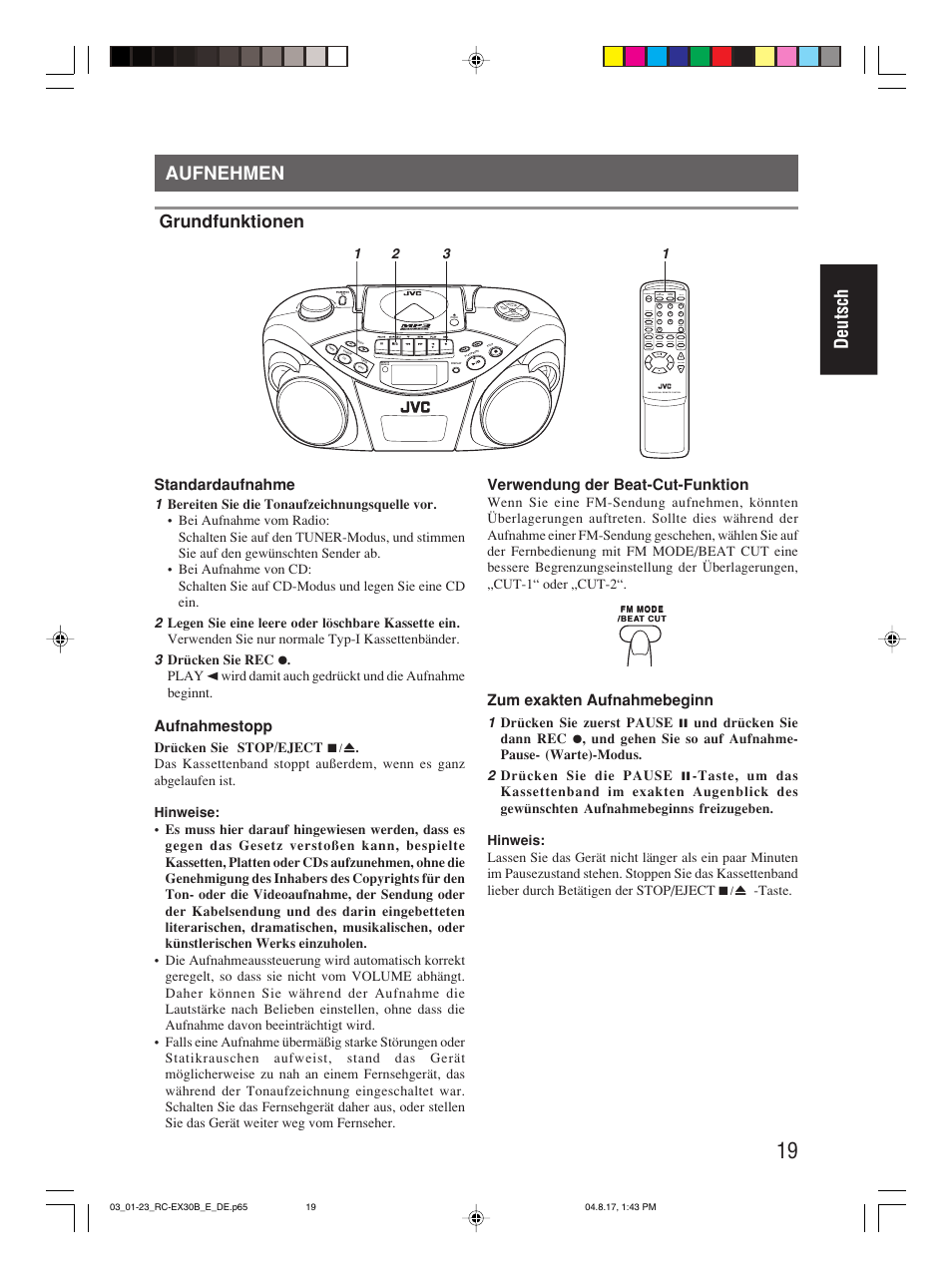 Aufnehmen, Deutsch aufnehmen, Grundfunktionen | Standardaufnahme, Aufnahmestopp, Verwendung der beat-cut-funktion, Zum exakten aufnahmebeginn | JVC RC-EX30B User Manual | Page 47 / 144