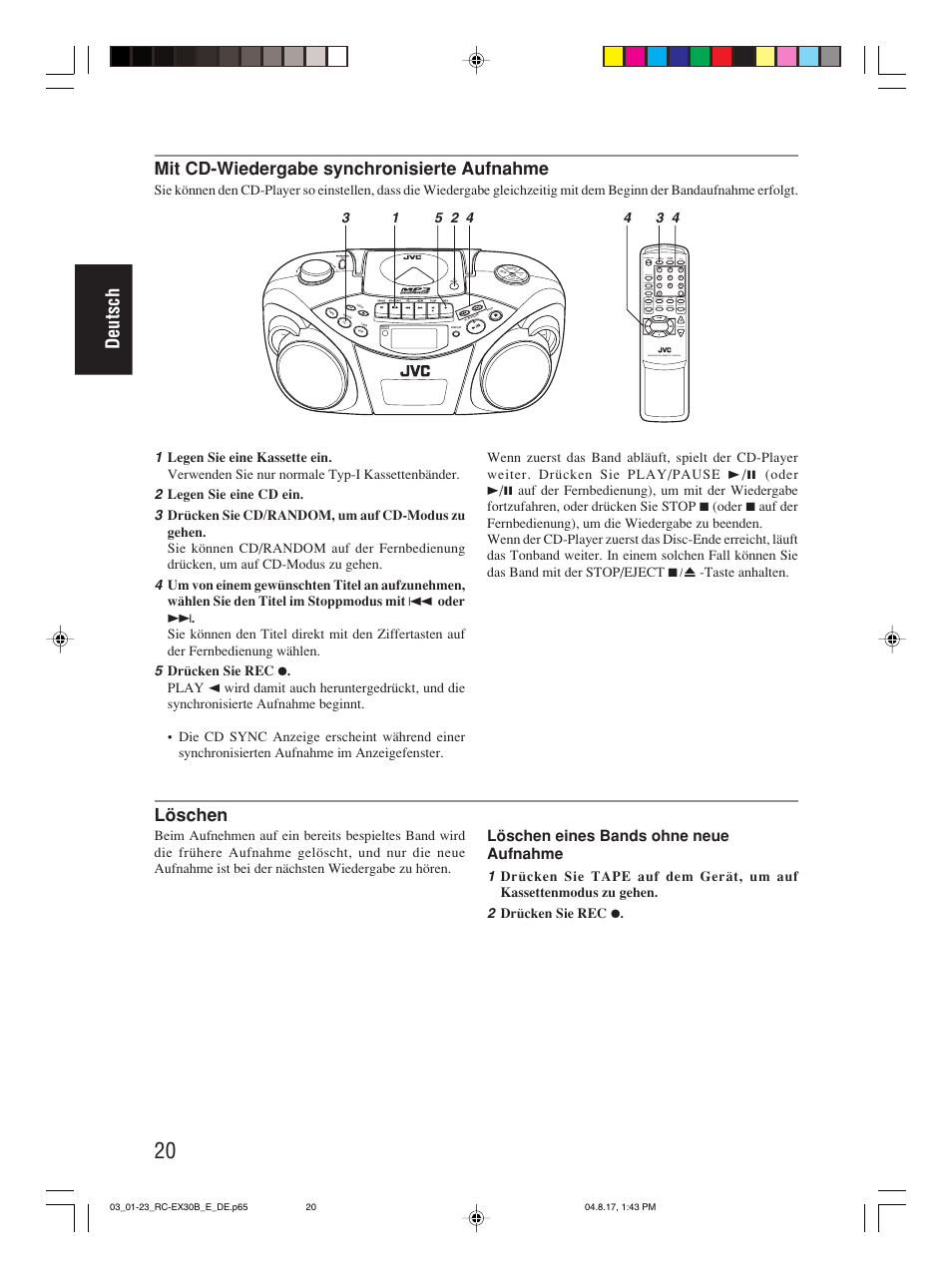 Deutsch, Mit cd-wiedergabe synchronisierte aufnahme, Löschen | Löschen eines bands ohne neue aufnahme | JVC RC-EX30B User Manual | Page 48 / 144