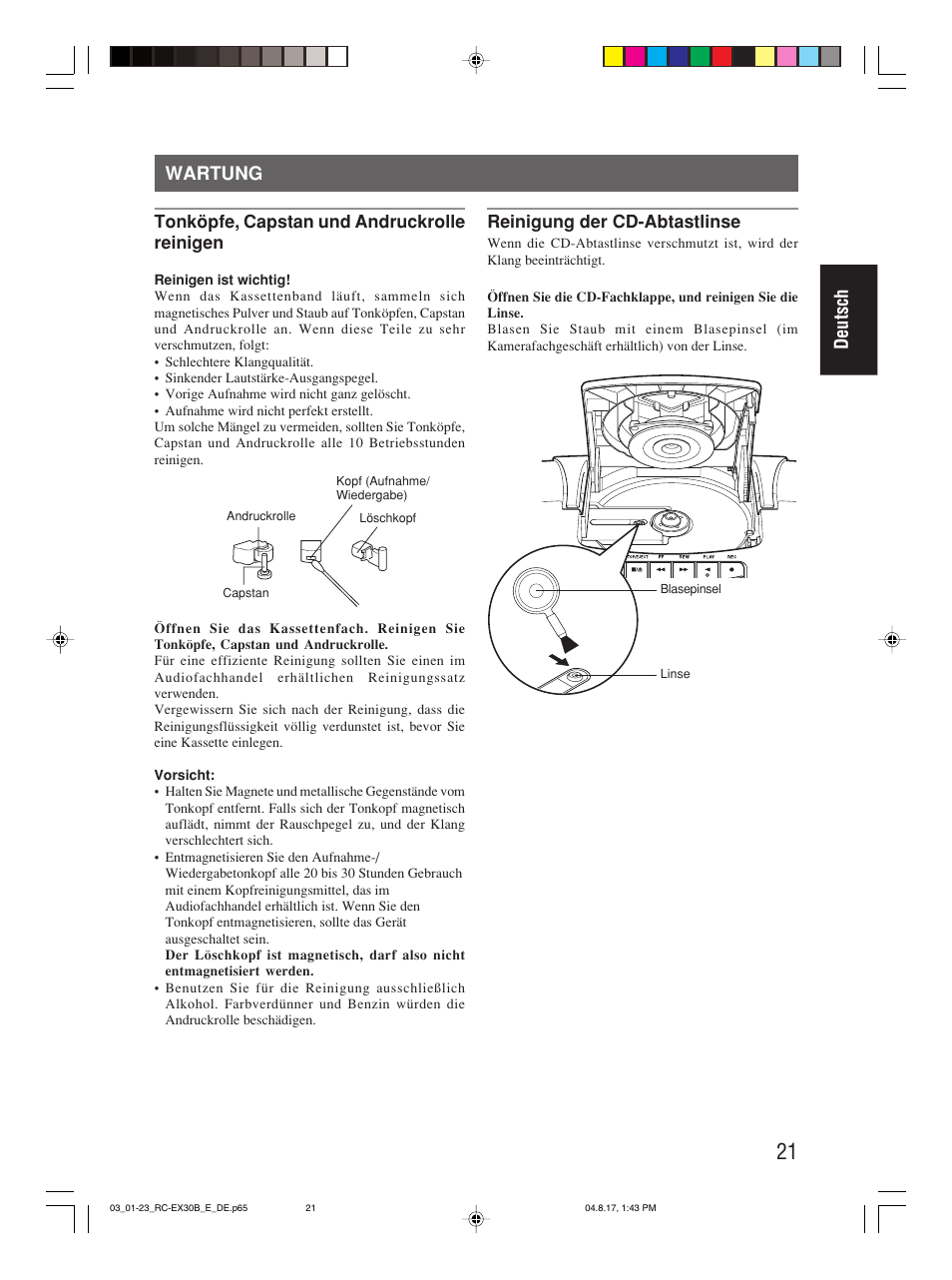 Wartung, Deutsch | JVC RC-EX30B User Manual | Page 49 / 144