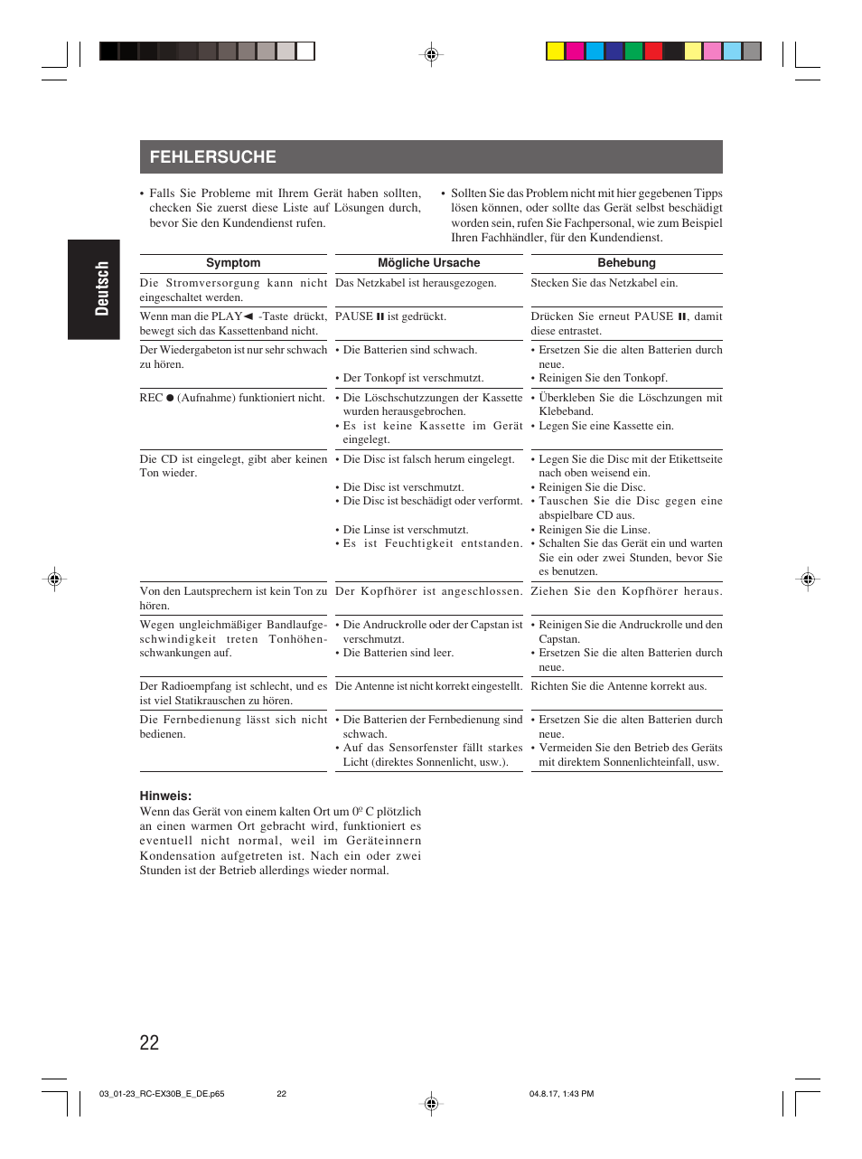 Fehlersuche, Deutsch fehlersuche | JVC RC-EX30B User Manual | Page 50 / 144