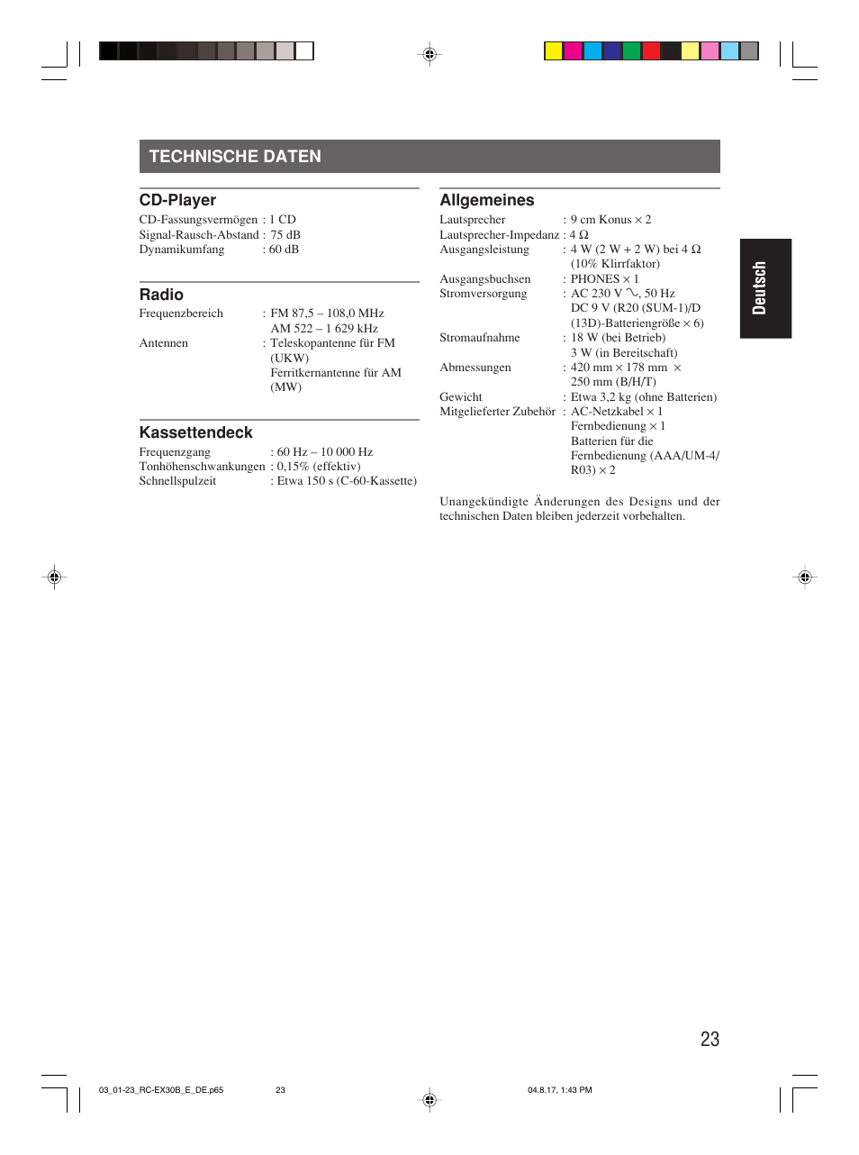 Technische daten, Deutsch technische daten | JVC RC-EX30B User Manual | Page 51 / 144