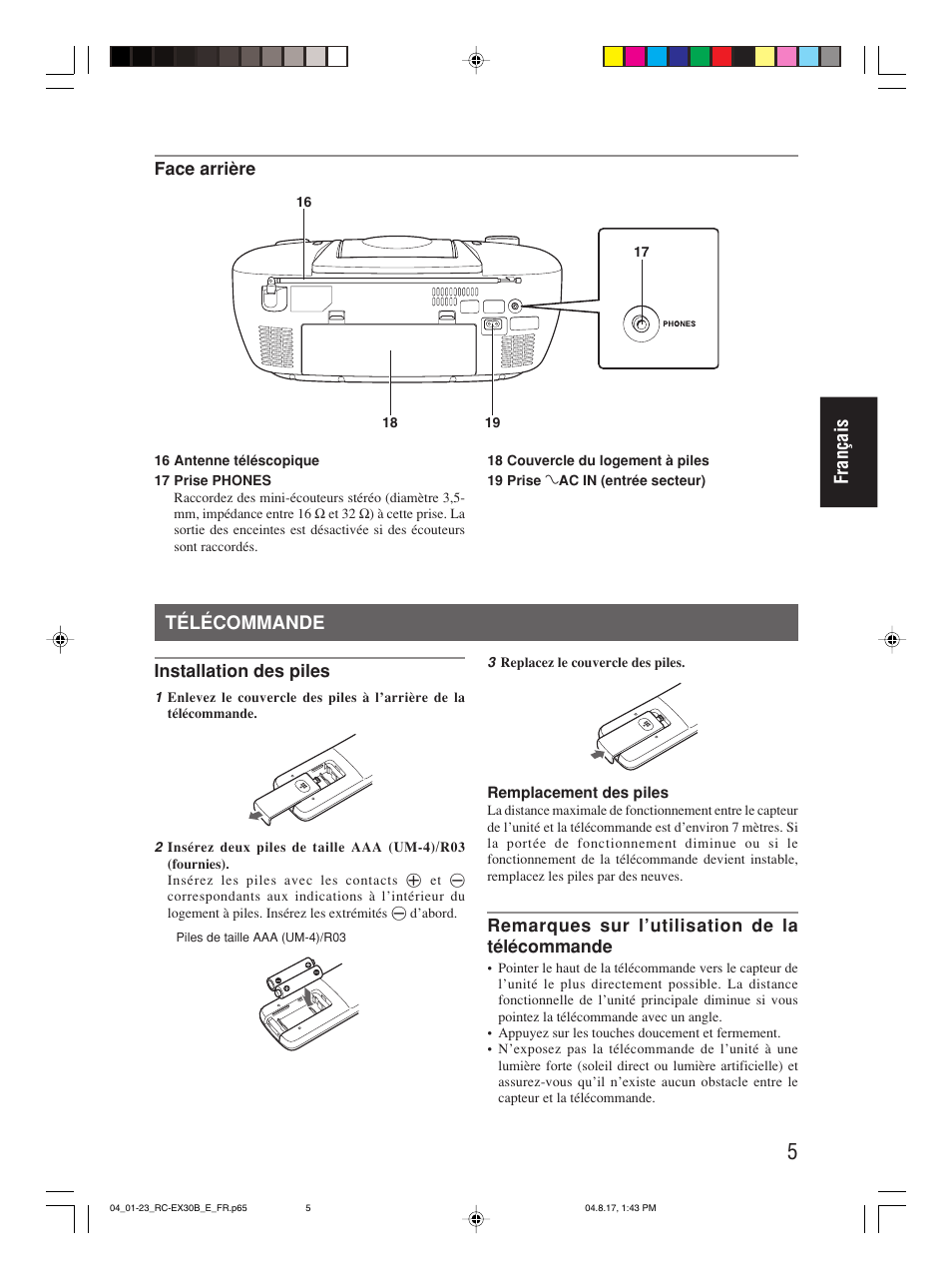 Télécommande, Français | JVC RC-EX30B User Manual | Page 56 / 144