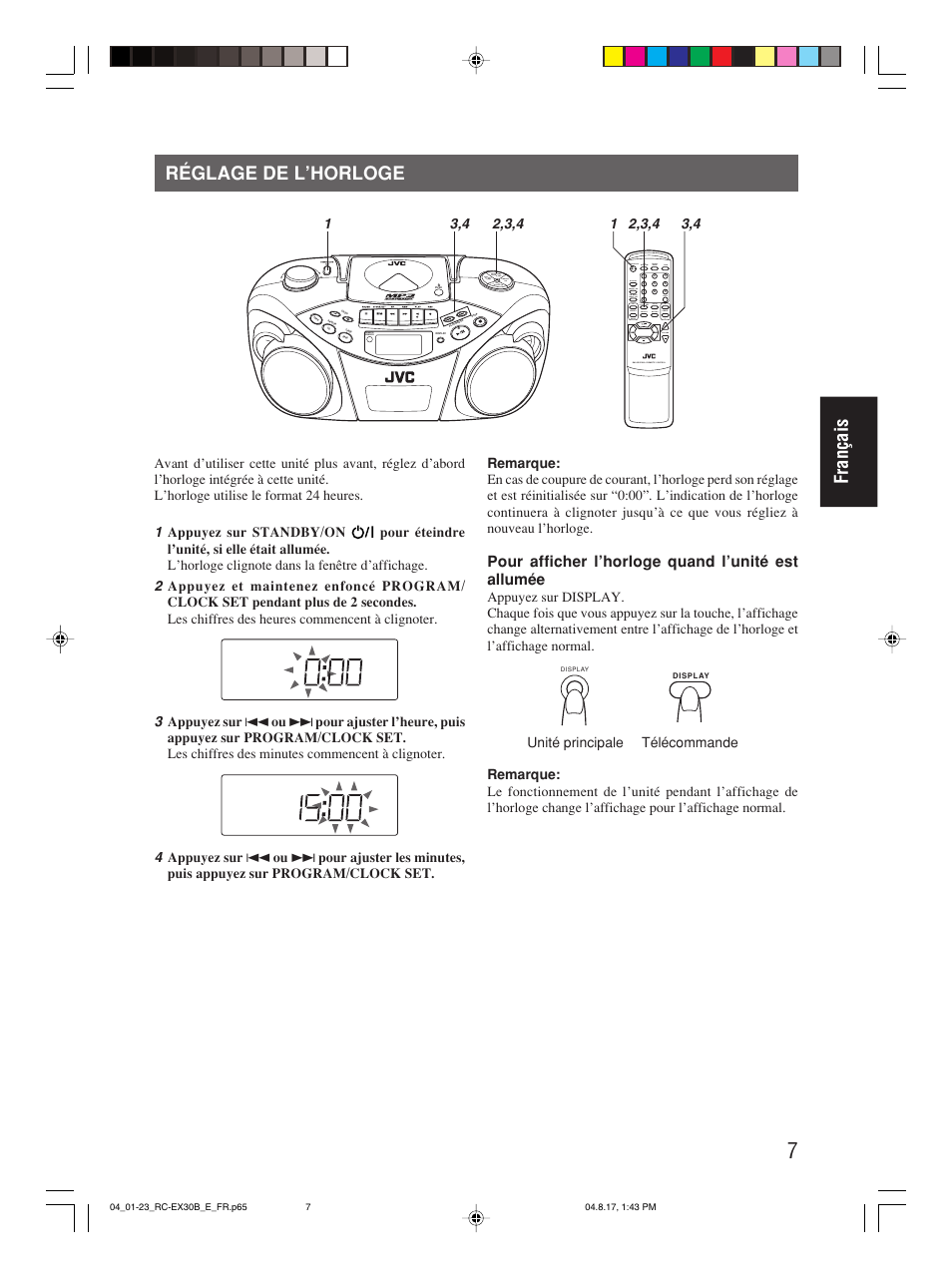 Réglage de l’horloge, Français réglage de l’horloge, Pour afficher l’horloge quand l’unité est allumée | Program/ clock set hbs/ preset eq, Over cd/ random tuner/ band group | JVC RC-EX30B User Manual | Page 58 / 144