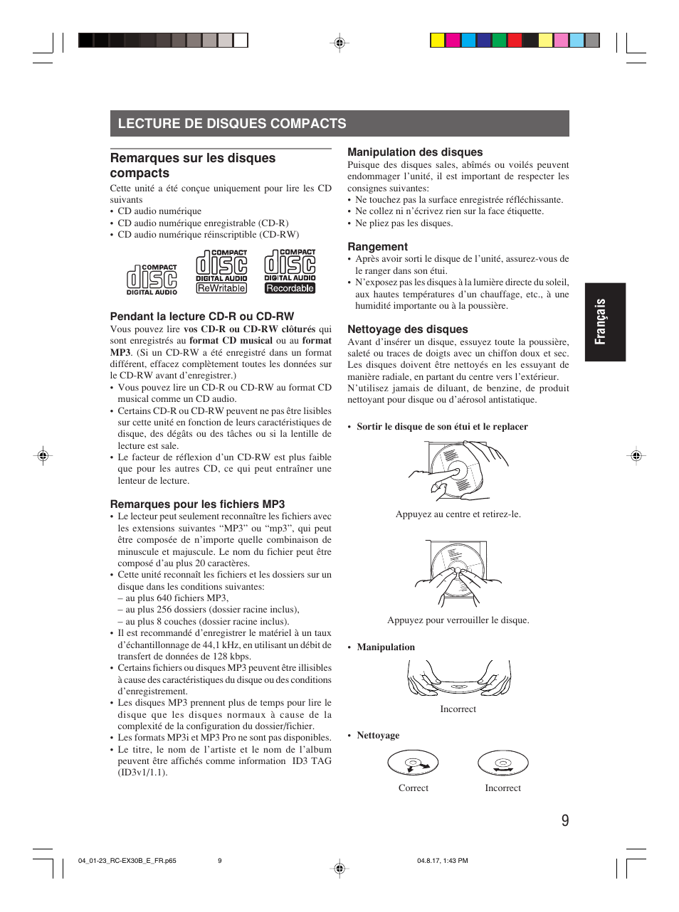 Lecture de disques compacts, Français lecture de disques compacts | JVC RC-EX30B User Manual | Page 60 / 144