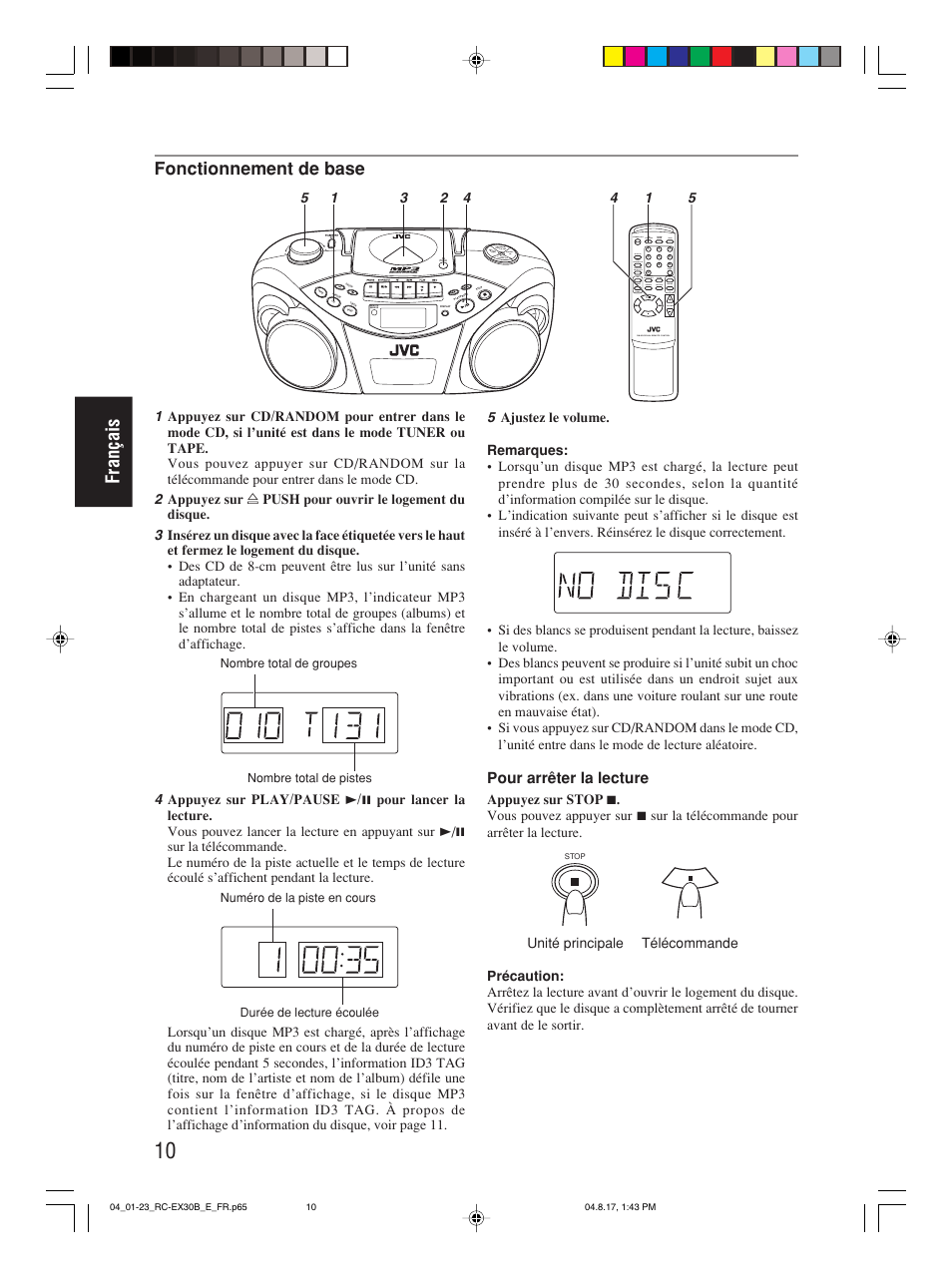 Français, Fonctionnement de base, Pour arrêter la lecture | JVC RC-EX30B User Manual | Page 61 / 144