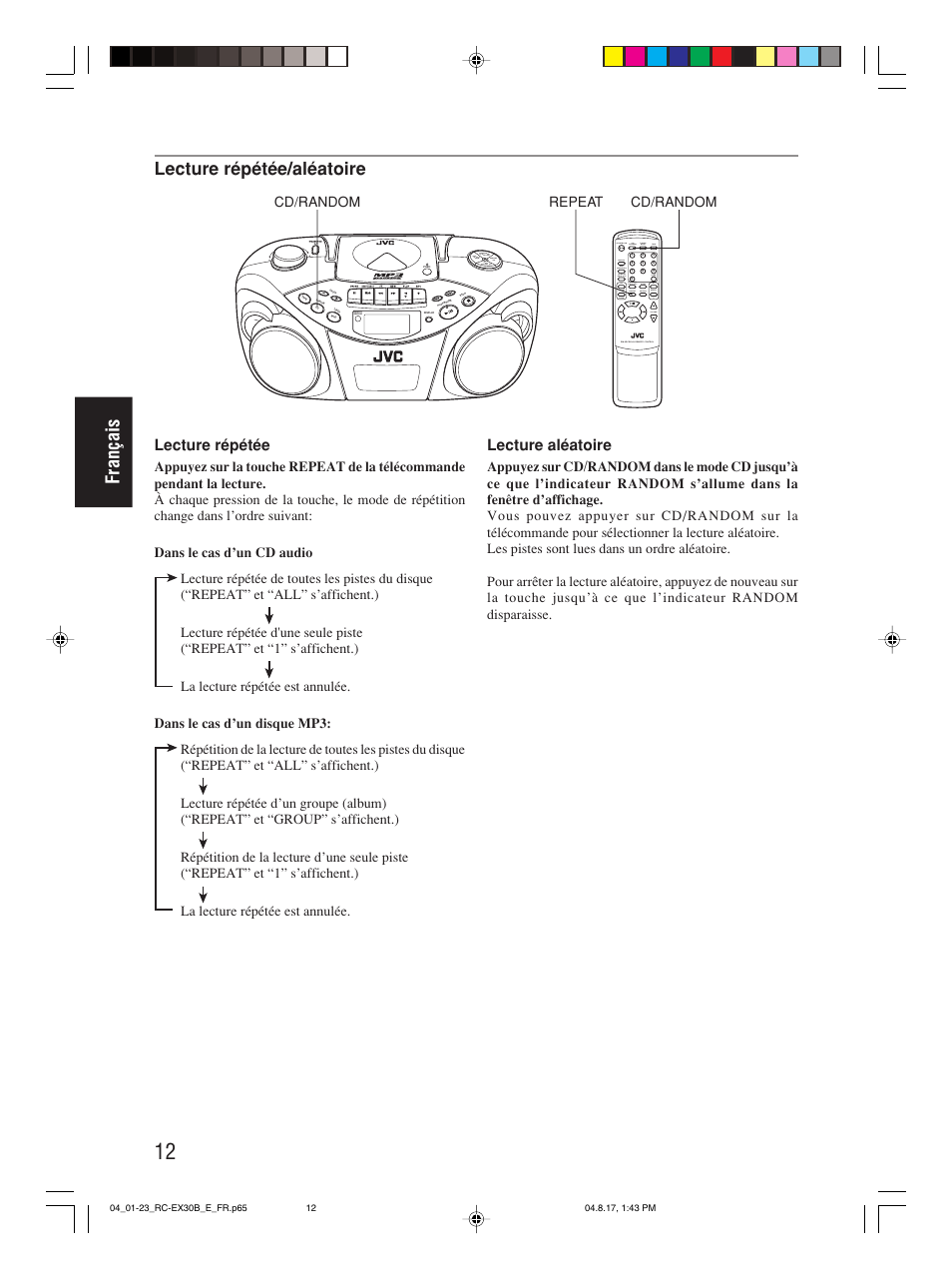 Français, Lecture répétée/aléatoire, Lecture répétée | Lecture aléatoire, Program/ clock set hbs/ preset eq, Over cd/ random tuner/ band group, Repeat cd/random cd/random | JVC RC-EX30B User Manual | Page 63 / 144