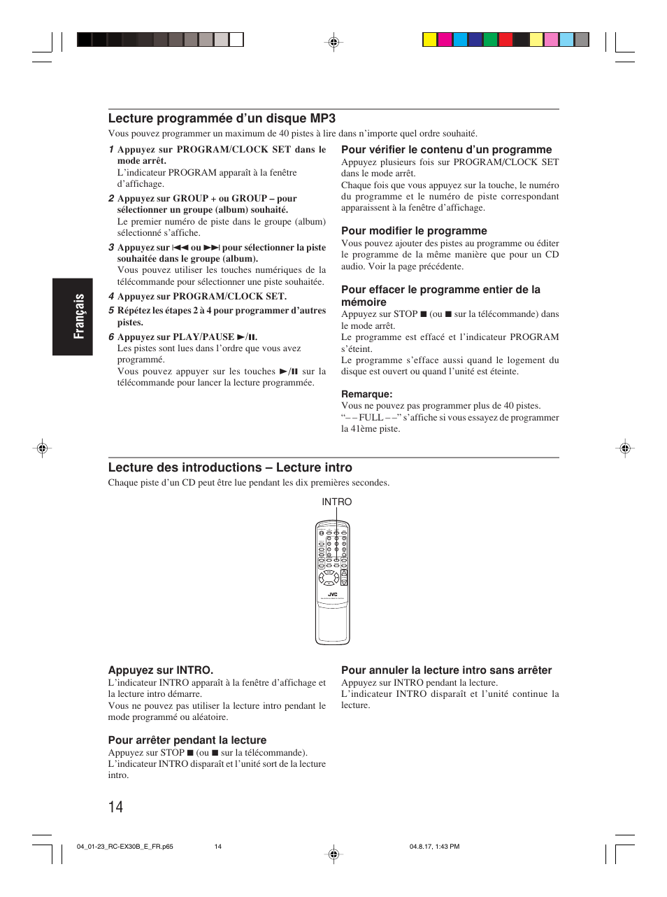 Français, Lecture des introductions – lecture intro, Lecture programmée d’un disque mp3 | JVC RC-EX30B User Manual | Page 65 / 144