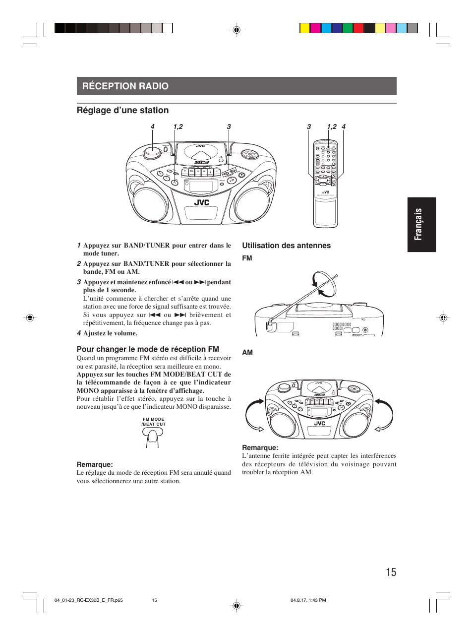 Réception radio, Français réception radio, Réglage d’une station | Pour changer le mode de réception fm, Utilisation des antennes | JVC RC-EX30B User Manual | Page 66 / 144